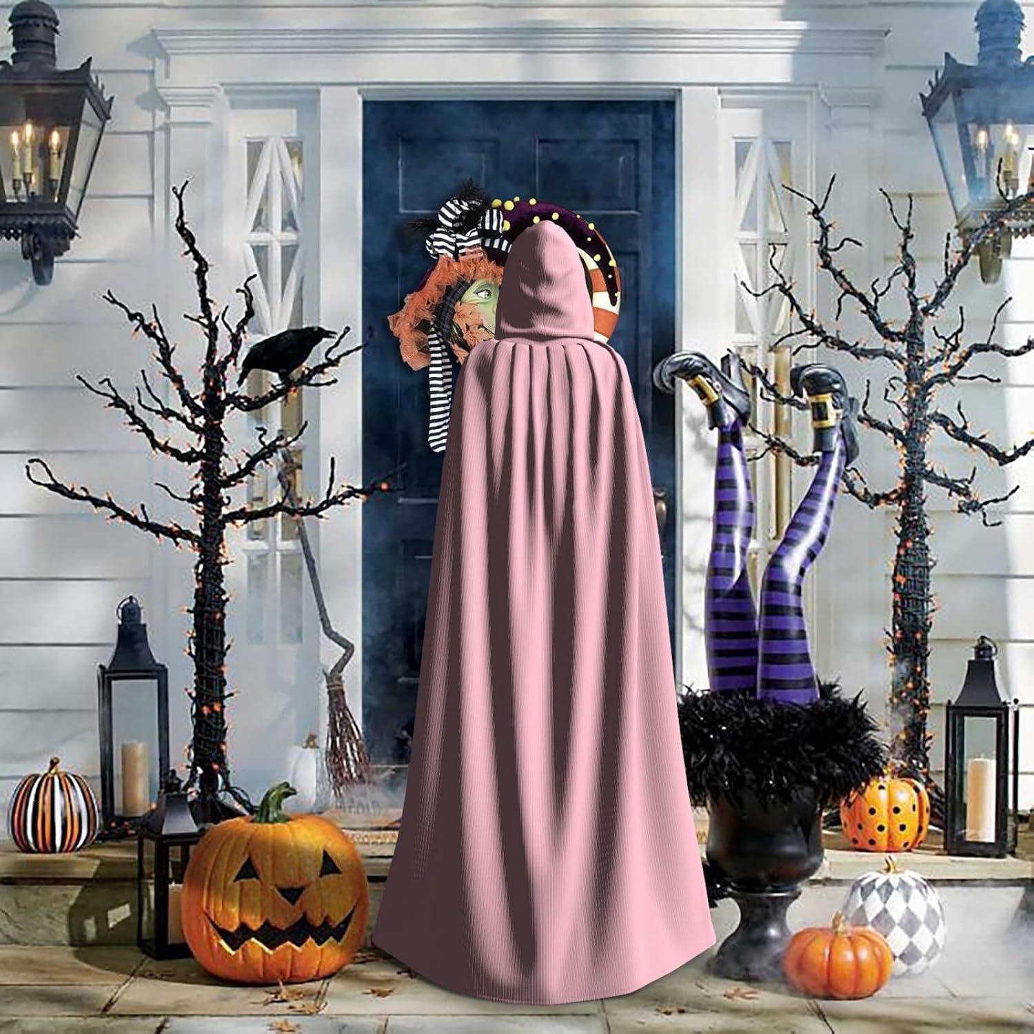 Solid Color Pink Men Women Halloween Role Play Party Decoration Hooded Poncho