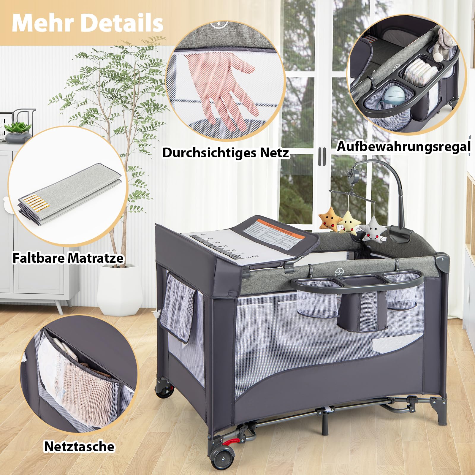 DREAMADE Reisebett mit Matratze, 5 in 1 Beistellbett Baby mit Rollen & Wickelauflage & Spieluhr, 110×76cm Babybett mit Tragetasche, Stubenwagen für Neugeborene & Baby (Grün)