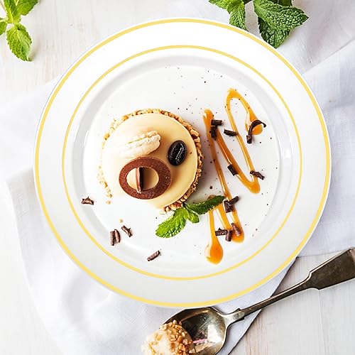 Miniatura 4 de Party Essentials Divine Platos desechables de plástico para fiestas, aspecto real de China, borde dorado blanco, 6 pulgadas, 24 unidades