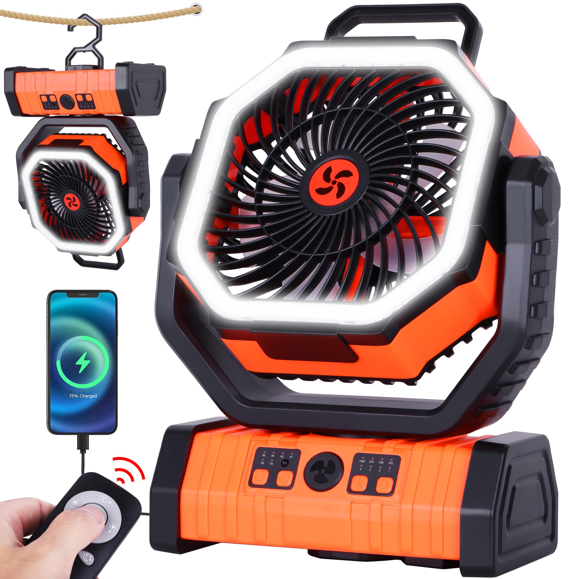 Ventilatore da campeggio ricaricabile da 20000 mAh con lanterna a LED, ventilatore oscillante portatile a 270°, 3 velocità, luce LED a 3 livelli, arancione, 22,3 x 11,4 x 28,4 cm