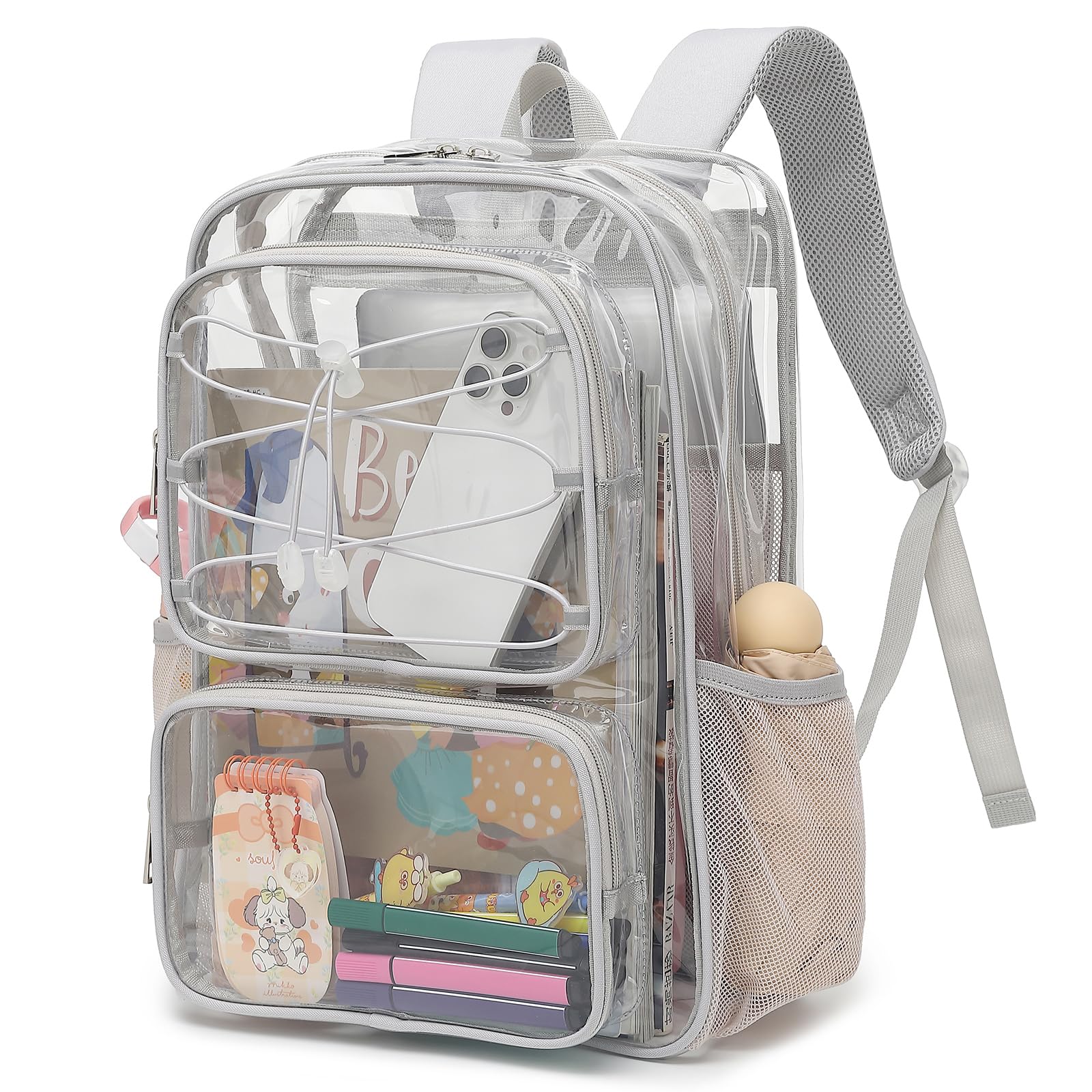 Yusudan Clear Backpack for Girls Women, Heavy Duty Transparent School Backpacks See Through PVC Bookbag for College Work Security Travel (Light Grey)