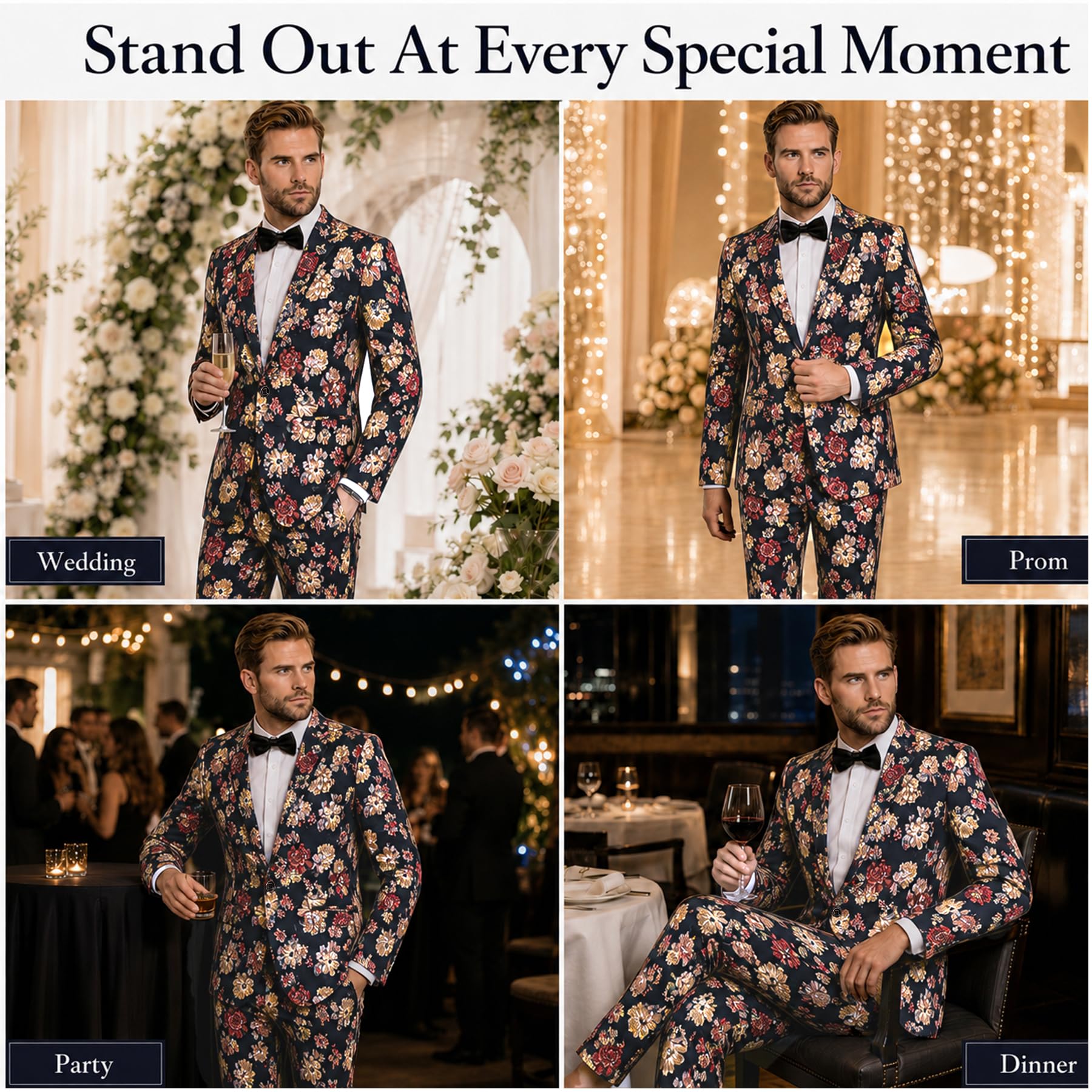 Cloudstyle Mens 2 Piece Suit Floral Printed Slim Fit Tweed | Textured pattern supports parties receptions proms stage events photos dinners celebrations and standout rotations social product thumbnail 7