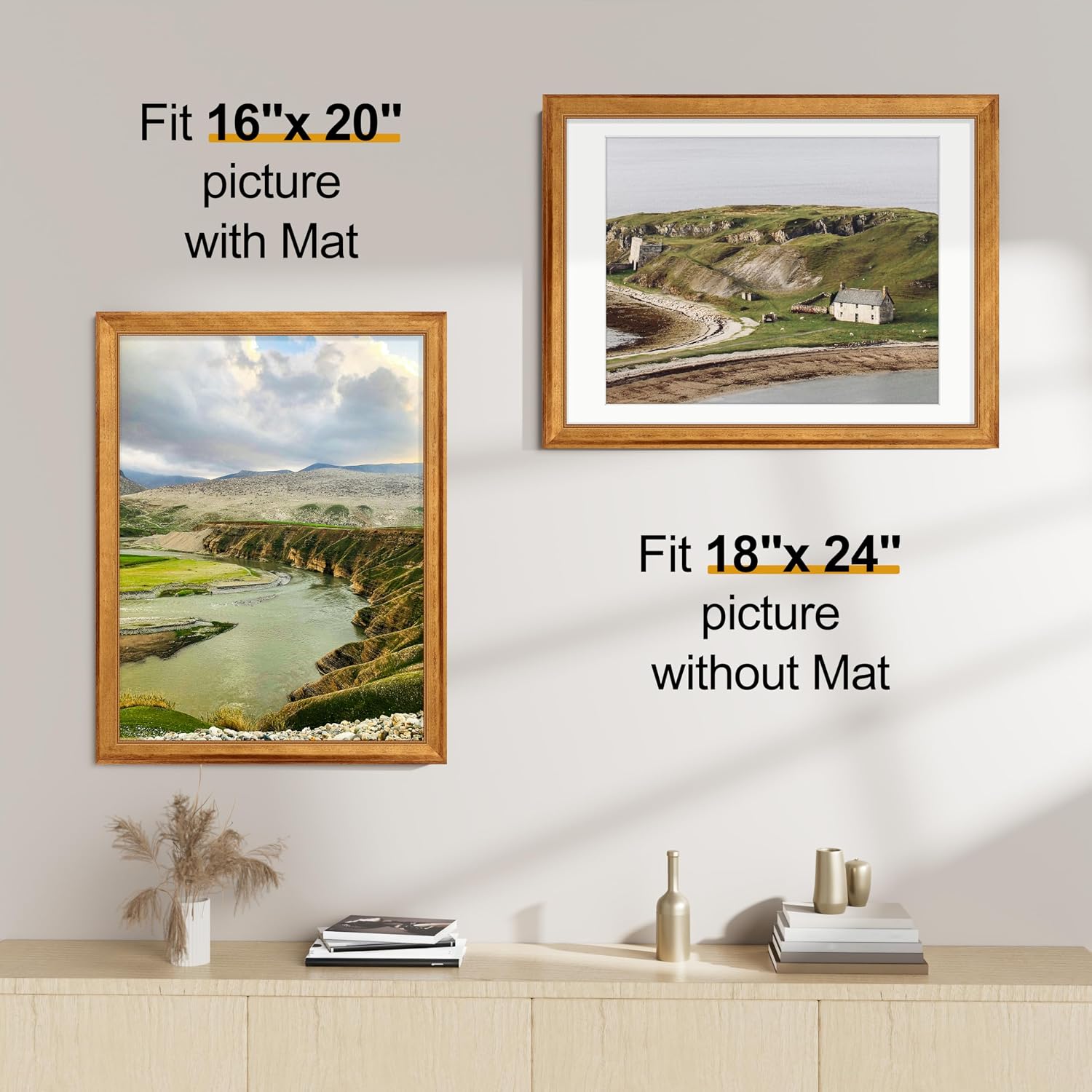 Vittanly 18x24 Poster Frames Set of 2, Ornate Vintage Photo Frame for Wall Mount, Display 16x20 Pictures with Mat or 18x24 without Mat, Rustic Gold