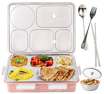 Lunch Box for Kids Adults 5 Compartments Tiffin Box Stainless Steel with Spoon, Chopstick & Fork Eco-Friendly Lunch Food Containers for School Office (Pink)