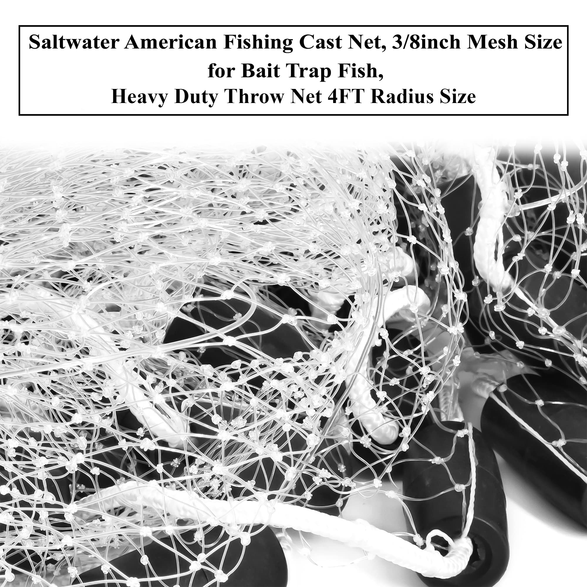 Saltwater American Fishing Cast Net, 3/8inch Mesh Size for Bait Trap