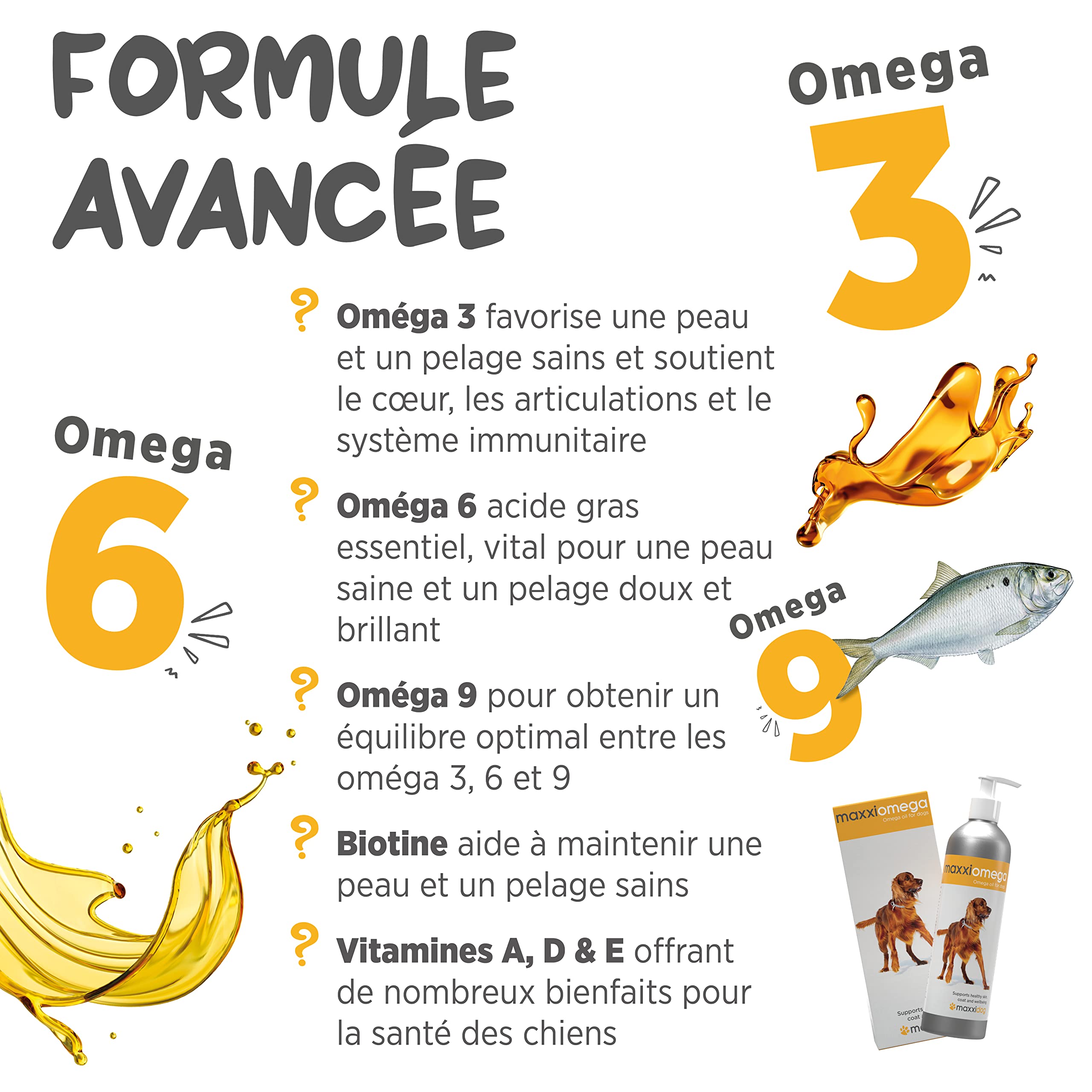 maxxipaws maxxiomega Huile Oméga 3 6 9 pour Chiens - Peau & Pelage 296ml | Aide à maintenir un poil brillant, une barrière cutanée saine, la mobilité, le cœur et les défenses naturelles