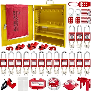 SAFBY Lockout Tagout Station Kit Board Locks 80pcs,Lock Out Tag Out Loto Hasps,Tags,Circuit Breaker Lockout,Ball Valve Lockout,Electrical Plug Lockout,Steel Cable Lockout Big Yellow Station