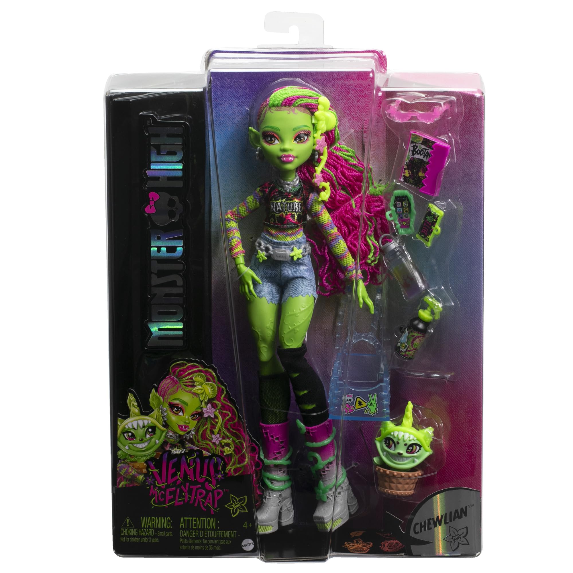 Monster High Venus McFlytrap Lalka + kotek Chewlian oraz akcesoria, takie jak plecak, notes i „przekąski”, HRP81