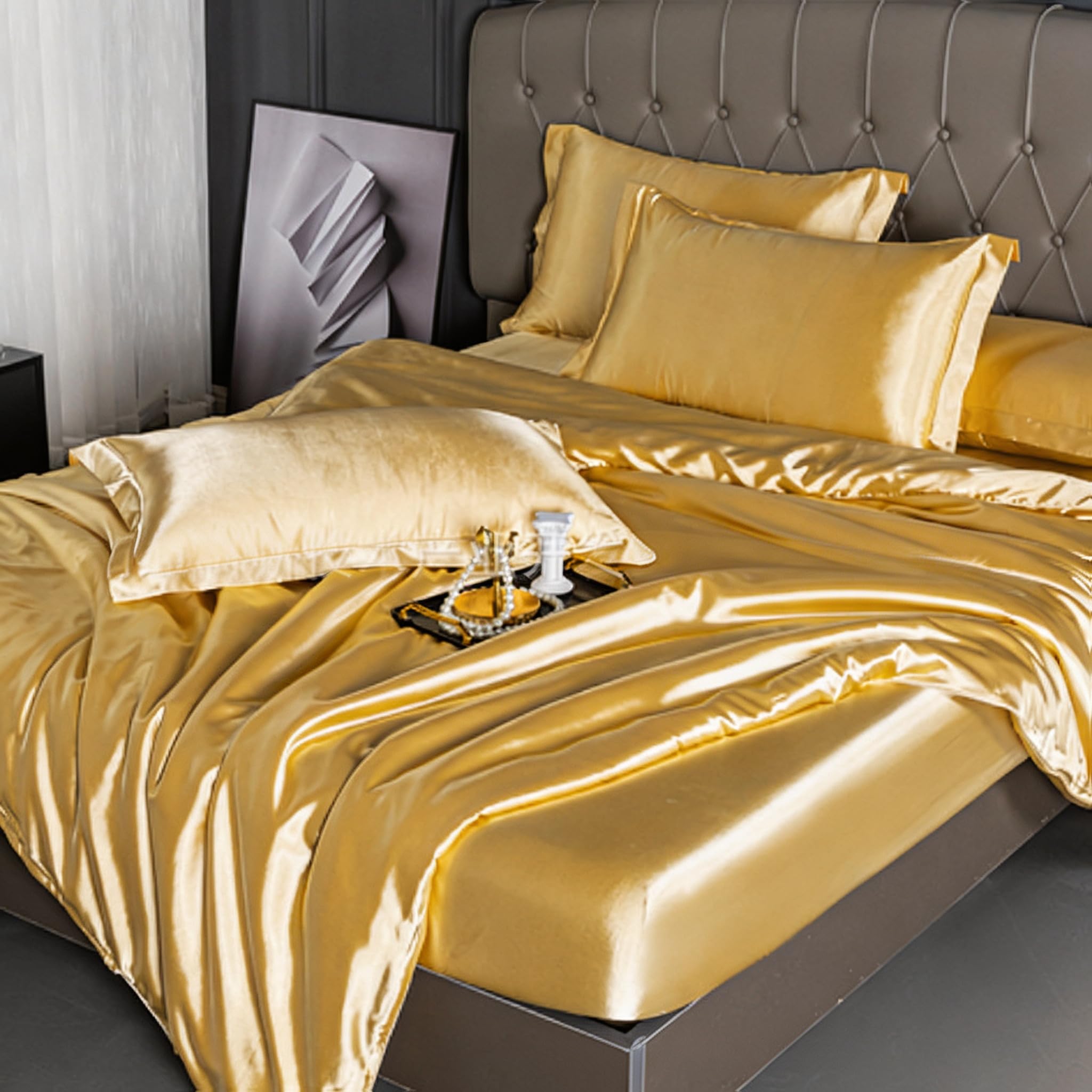Set copripiumino per letto matrimoniale, 3 pezzi, tessuto satinato liscio e setoso, include 1 copripiumino, 1 lenzuolo con angoli e 1 federa, tinta unita