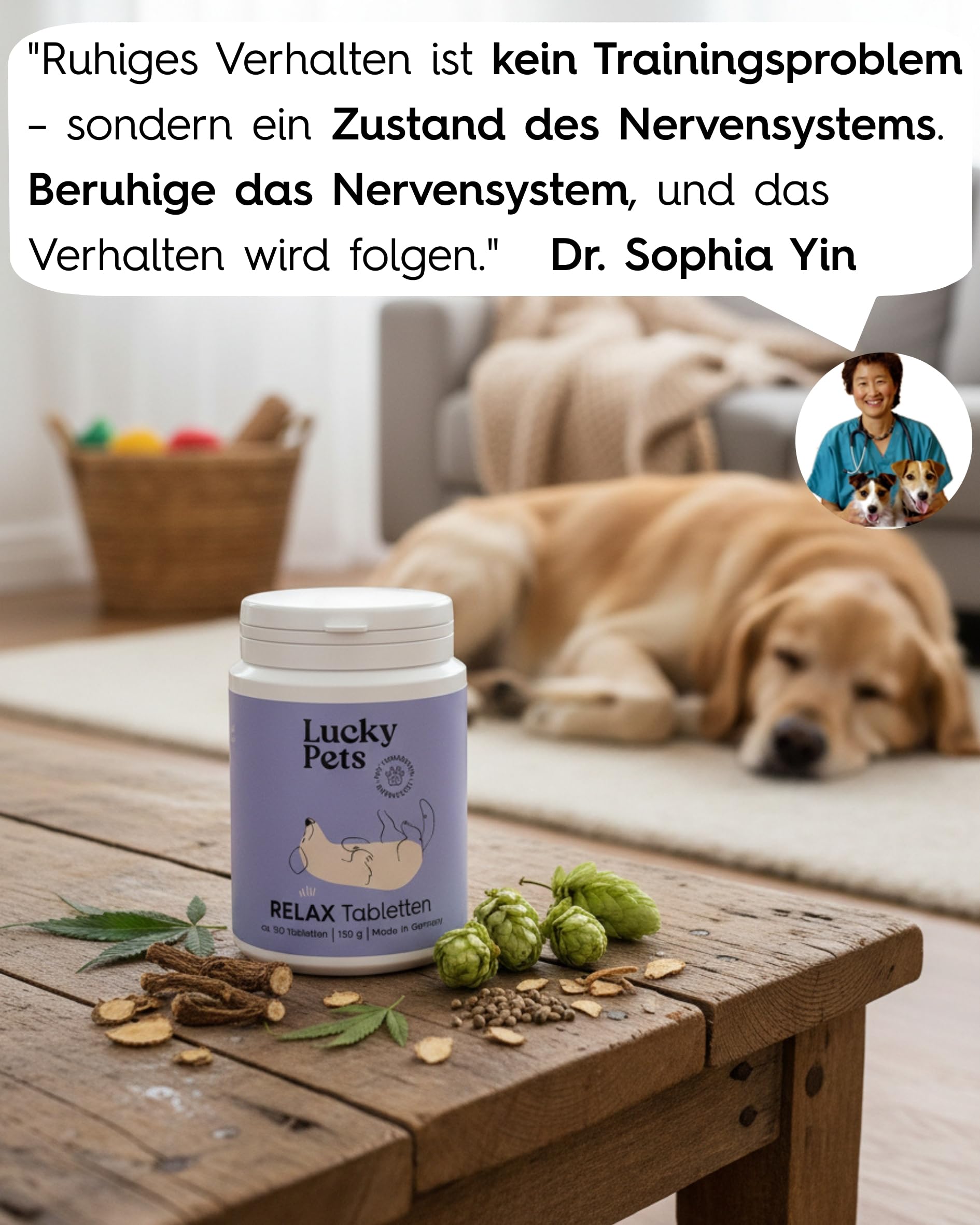 Lucky Pets NEU Beruhigungstabletten für Hunde 150 Stück – Mit L-Tryptophan, Baldrian und Hanfsaat – Bei Angst, Stress, Reisen und Silvester – Beruhigungsmittel für Hunde – Made in Germany