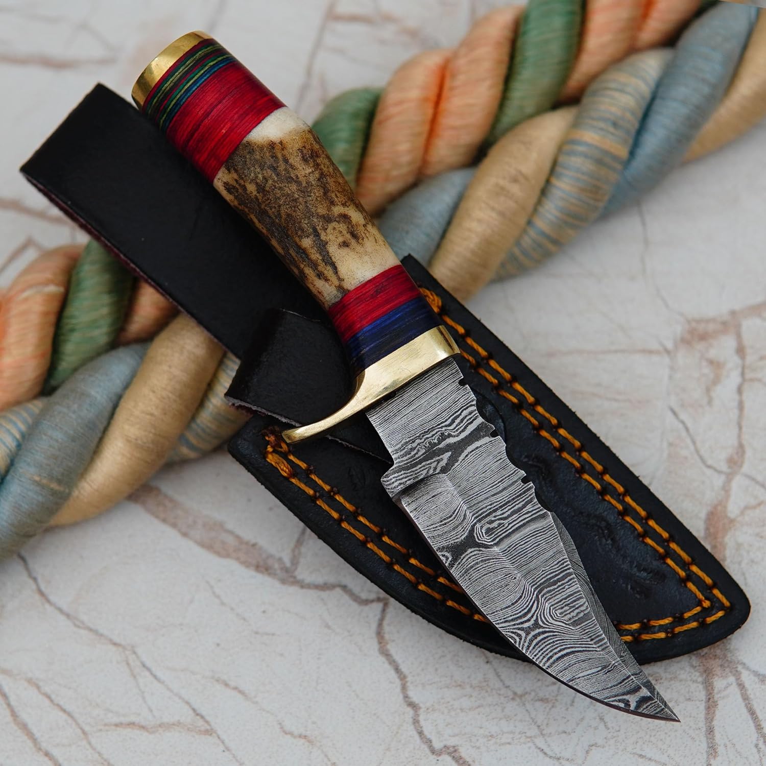 Custom Handmade Damascus Steel Sgian Dubh Scottish Dirk Knife with Bone & Olive Wood Handle + Leather Sheath