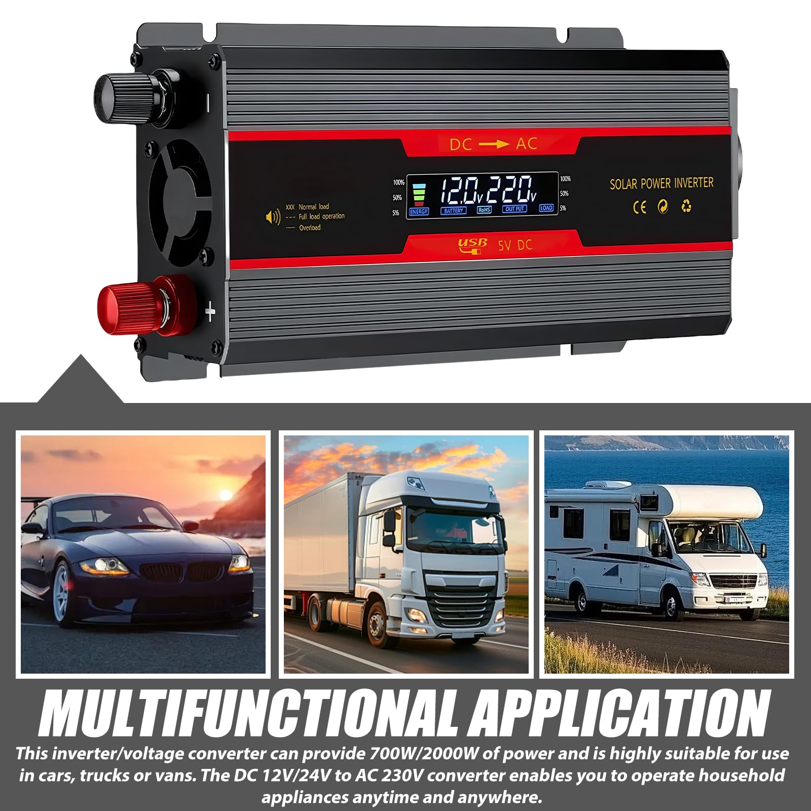 Przetwornica napięcia: 700W / 2000W DC 12V/24V na AC 230V, z klipsem aligatora, modyfikowany falownik słoneczny do samochodów, przyczep kempingowych, ciężarówek