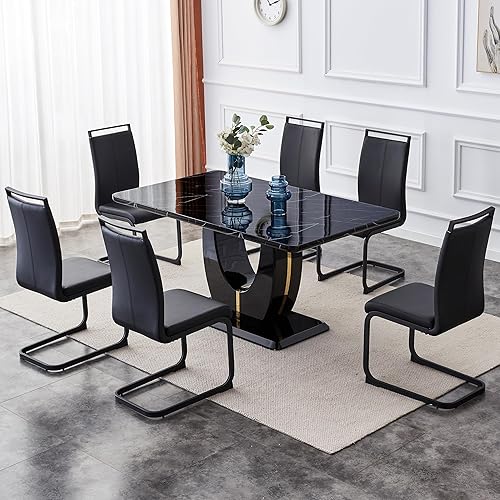 Miniatura 18 de Juego de mesa de comedor para 6, juego de sillas de cocina de 6, juego de comedor moderno con mesa de 63' de mármol y sillas tapizadas de PU para la