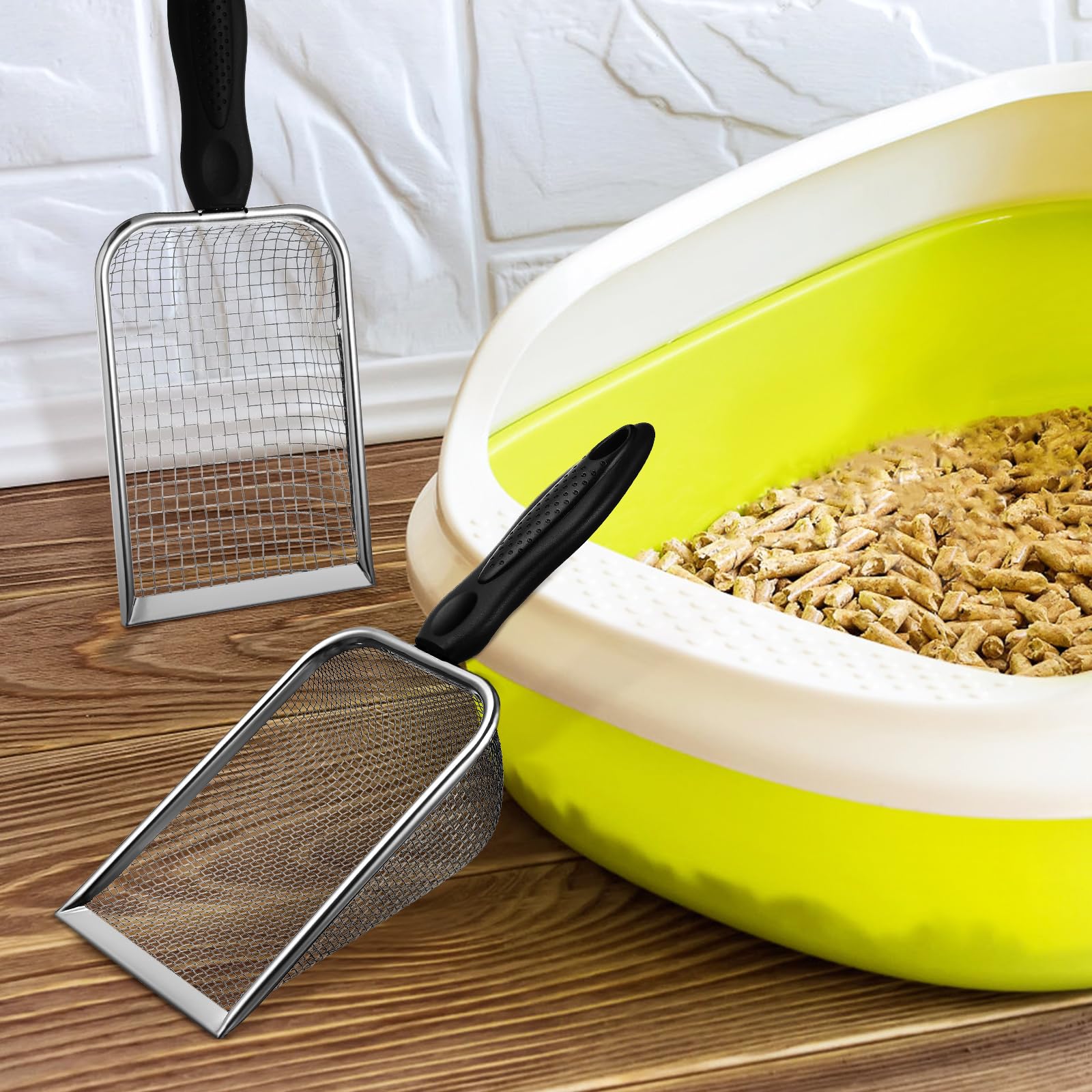 2 Pcs Stainless Steel Cat Litter Scoops, Durable Metal Litter Scooper with Fine and Large Mesh, Comfortable Handle for Easy Cleaning, Pet Supplie