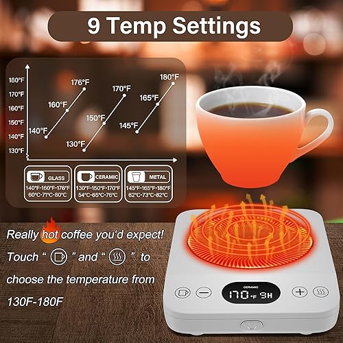 Miniatura 3 de Calentador de taza de café, calentador de café para escritorio con 9 ajustes de temperatura, temporizador de 9 horas, plato calentador de café