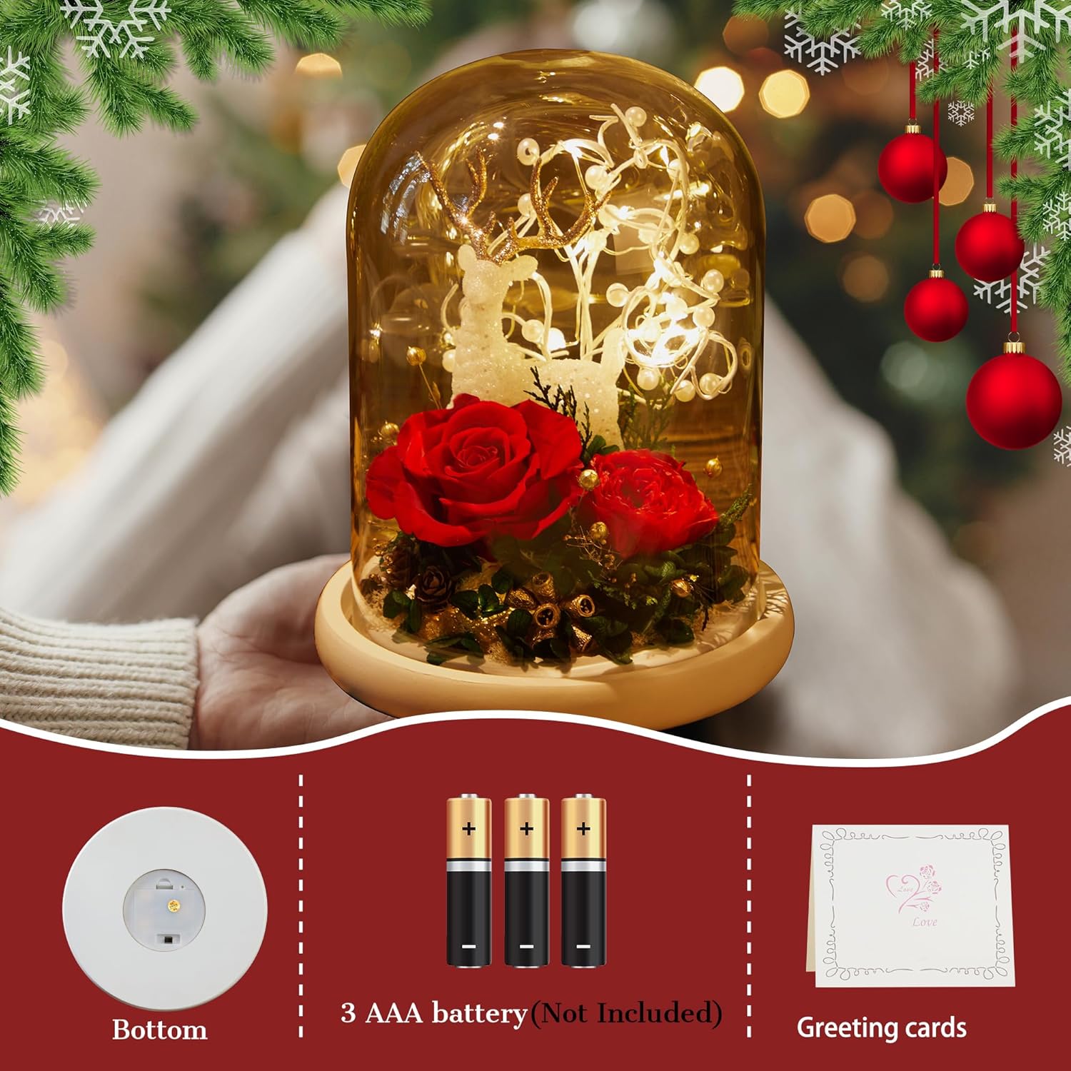 Preserved Rose Flower for Women Eternal Rose Flower in Glass Dome with Elk & Led Light for Her Mom Girlfriend Wife Grandma Friends on Christmas Day & Birthday