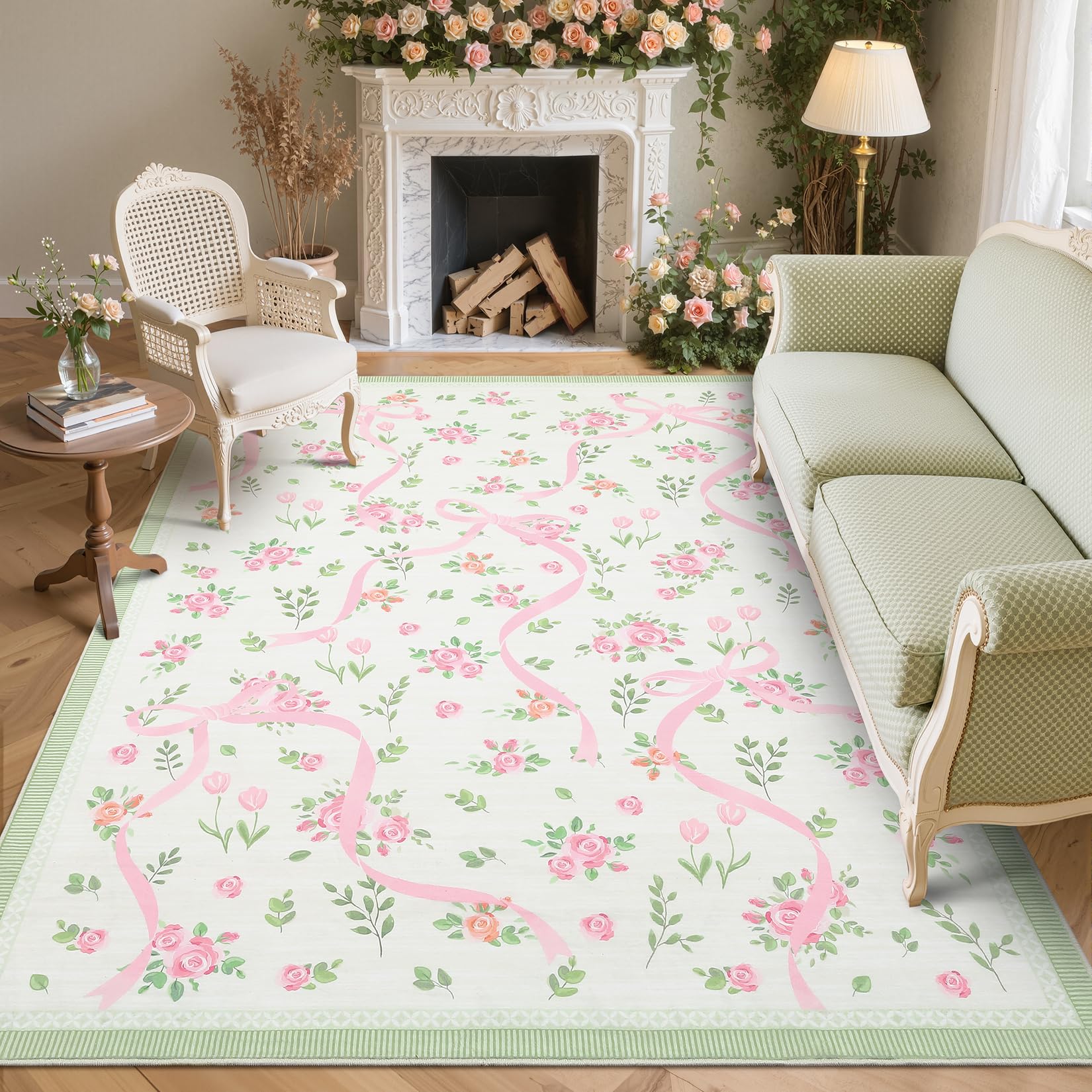GarveeHome Coquette Pink and Green Bow Rugs for Bedroom Girls, 5x7 Area Rugs for Living Room with Low Pile, Non Slip Floral Washable Rug 5x7 for