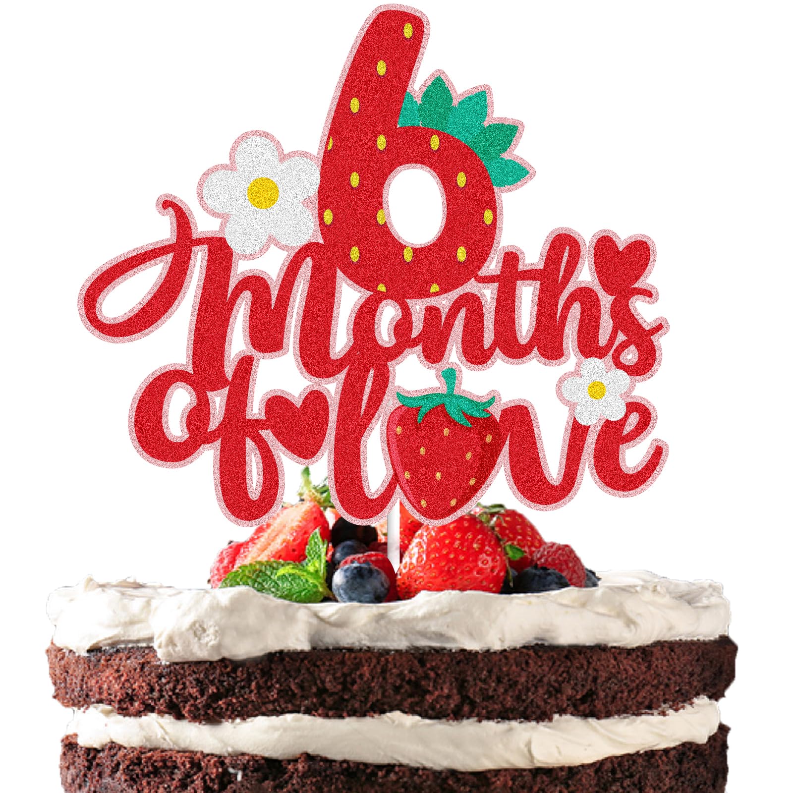 LINGBOOM 6 Months of Love Cake Topper Red Glitter 1/2 Strawberry Happy Birthday Baby Shower Cake Decorations First Birthday Half Year Old Fruit Themed Birthday Party Supplies