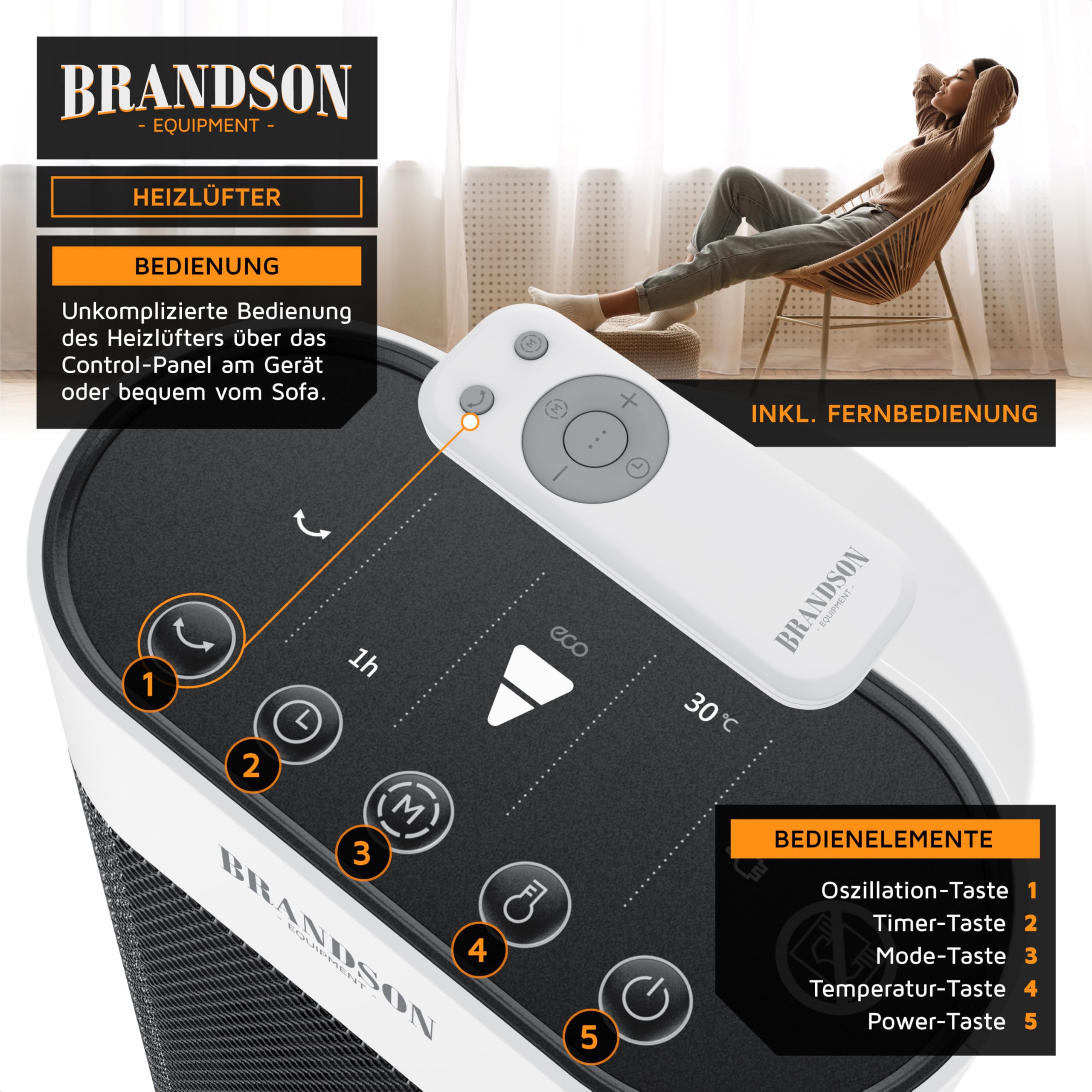 Brandson - Heizlüfter energiesparend leise - elektrischer Keramik Heizstrahler - Elektroheizung mit Fernbedienung - Oszillation - Überhitzungsschutz - Thermostat - Badezimmer Schlafzimmer Wohnzimmer
