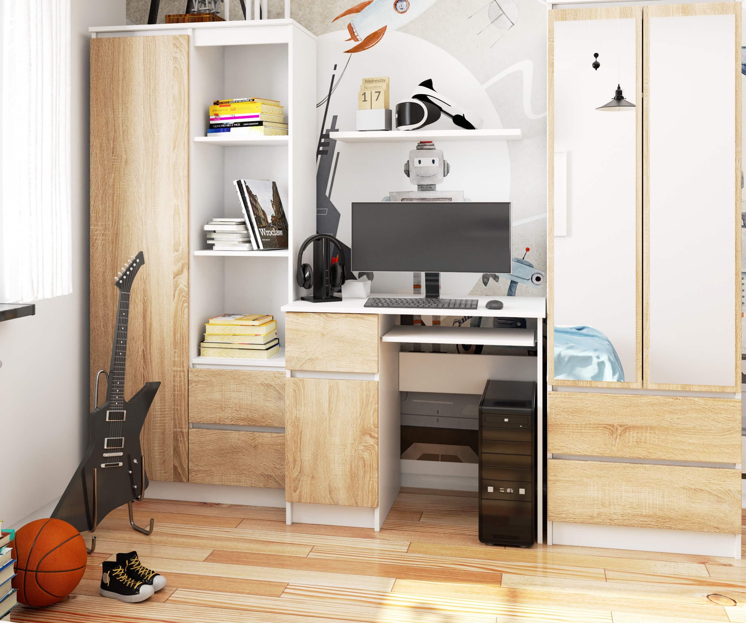 AKORD | Scrivania con Ripiano per Tastiera, Cassetto e Armadietto Sul Lato Sinistro | Scrittoio per Ufficio | Scrivania per Computer PC Laptop | Salvaspazio | 90x77x50 cm | 30 kg Bianco/Rovere Sonoma