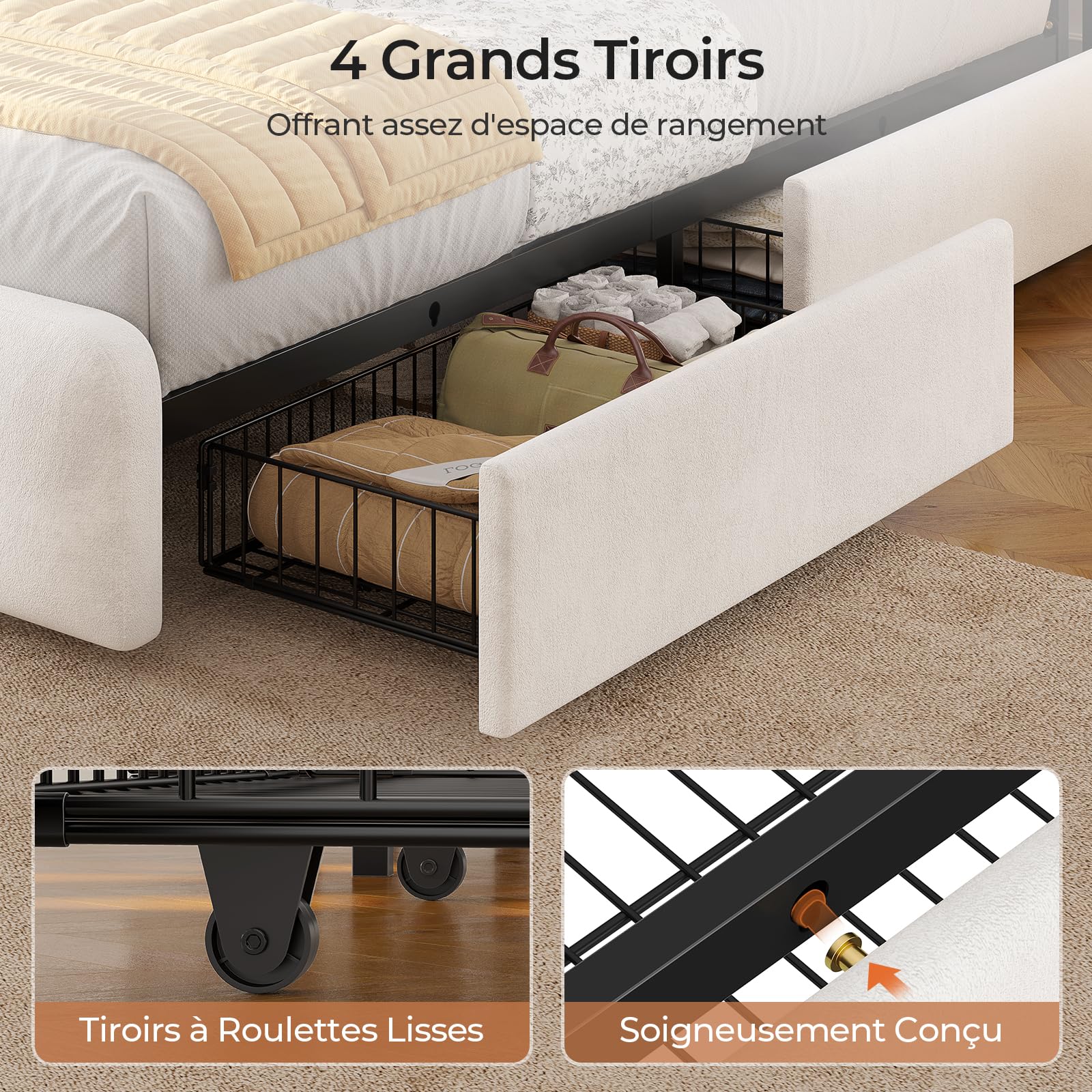 AOGLLATI Lit 140x190 à LED avec Multiprise et 4 Grands Tiroirs, Cadre de Lit avec Sommier à Latte et Tête de Lit Capitonnée Sommier avec Rangement, Moderne sans Matelas (Velours Beige, 140x190cm)