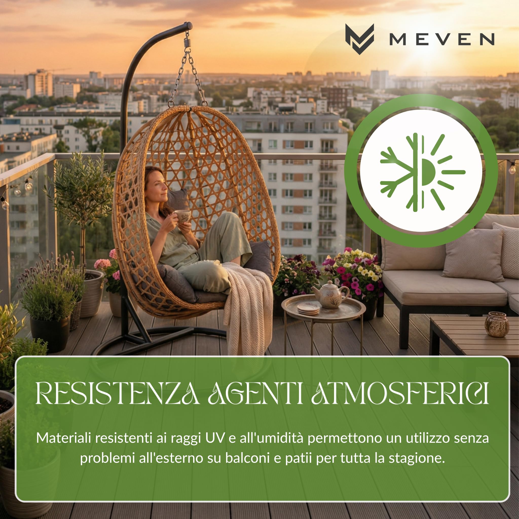 MEVEN Aura | Poltrona sospesa con telaio naturale, cesto per esterni e interni | Poltrona sospesa inclusa XXL cuscino, capacità di carico 110kg | Poltrona in vimini di lusso per giardino, balcone e