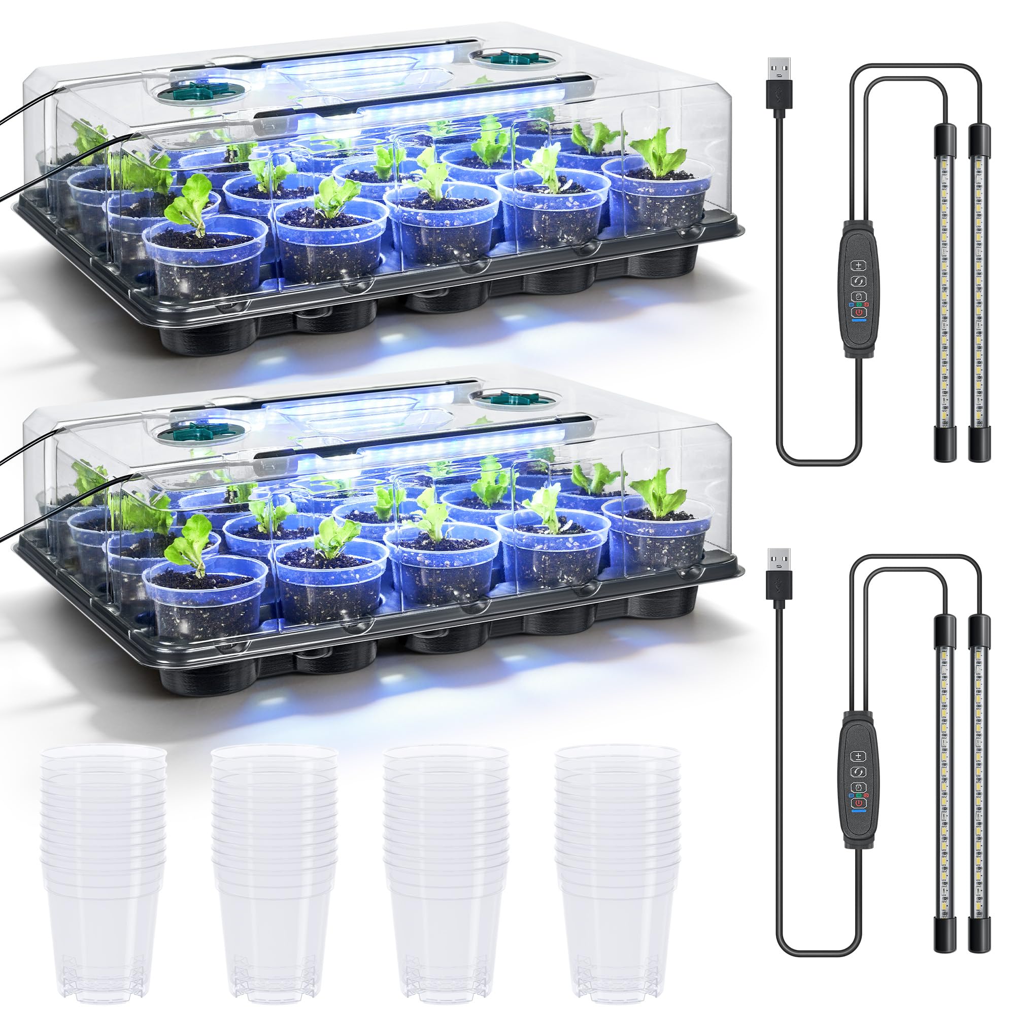 homenote 2 Pack Seed Starter Trays with Grow Lights and 40 3 Inch Pots