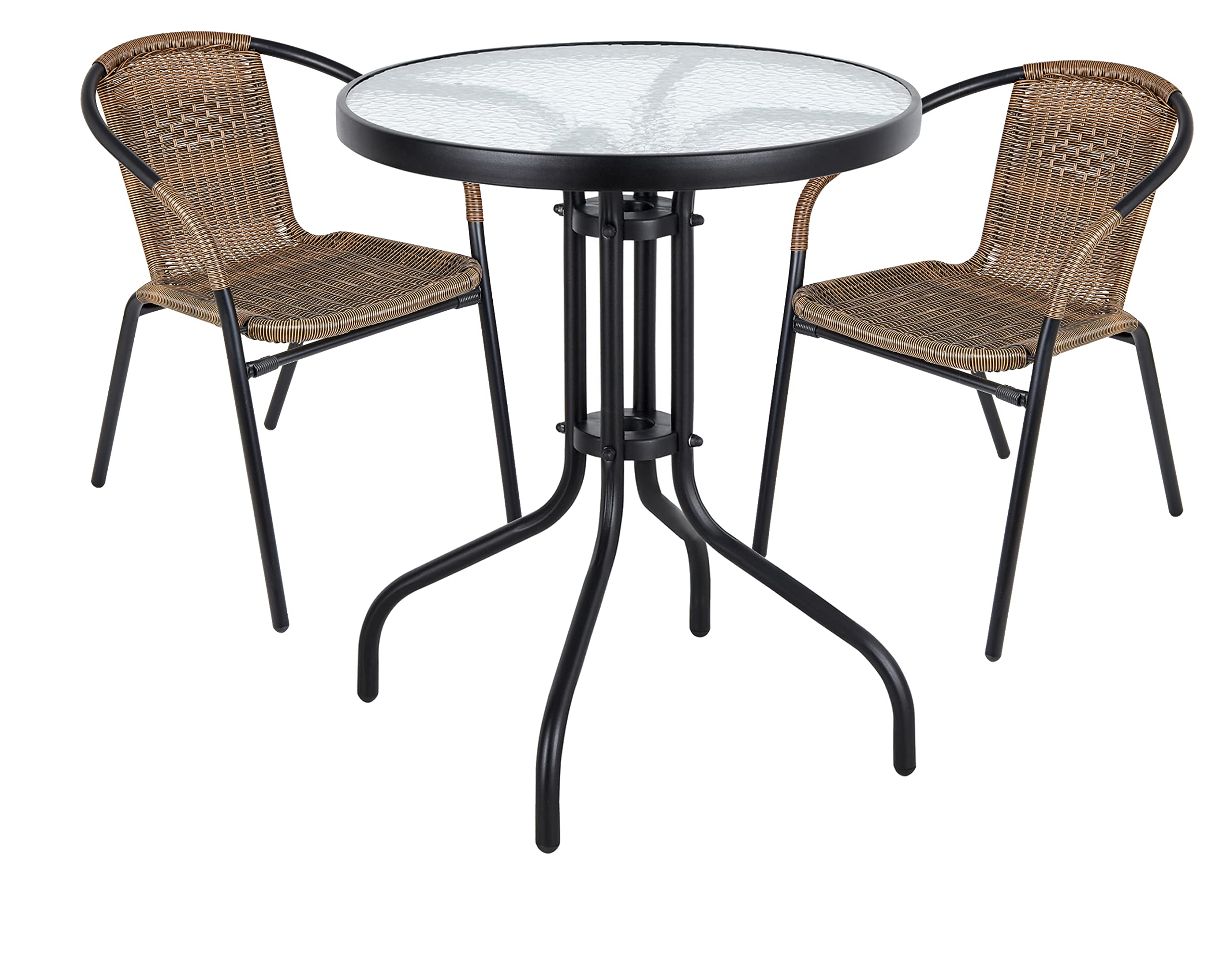 BTEXPERT Brown Indoor Outdoor 23.75" Tempered Glass Metal Restaurant Stack, 2 Rattan Chairs with a Round Table