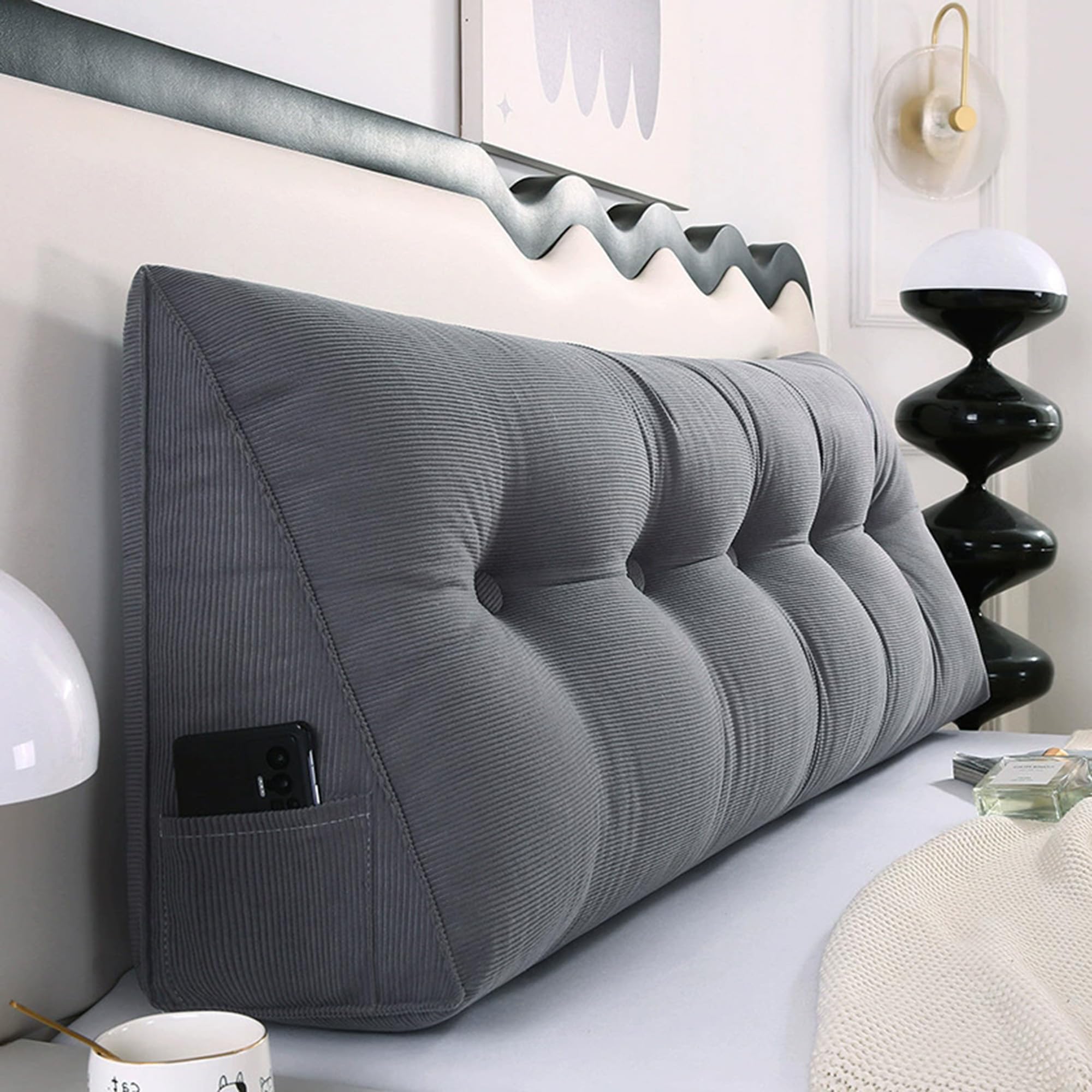 Hruile Wedge Back Lumbar Pillow, Triangular Headboards Pillow, Cosy Back Cushion for Sofa and Bed, Reading Cushion with Side Pocket, Sofa Daybed Positioning Bolster (180x50x20cm,Grey)