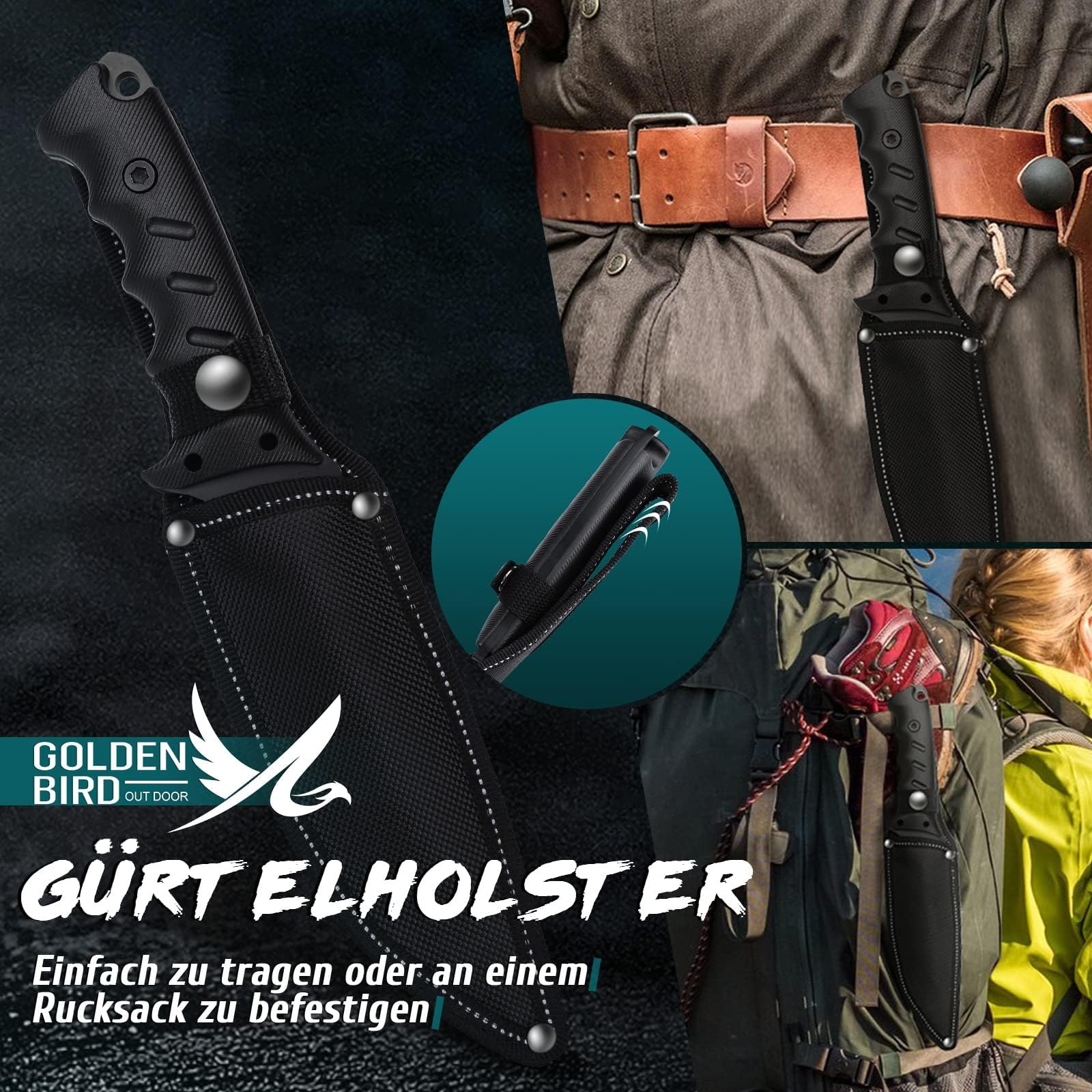 Golden Bird Outdoor Messer Survival Schwarz 2 IN 1 Jagdmesser Feststehende Klinge mit Oxfordscheide - 58HRC 9CR18MOV Stahl Bushcraft Messer Full Tang Survival Messer mit säge - Geschenke für Männer