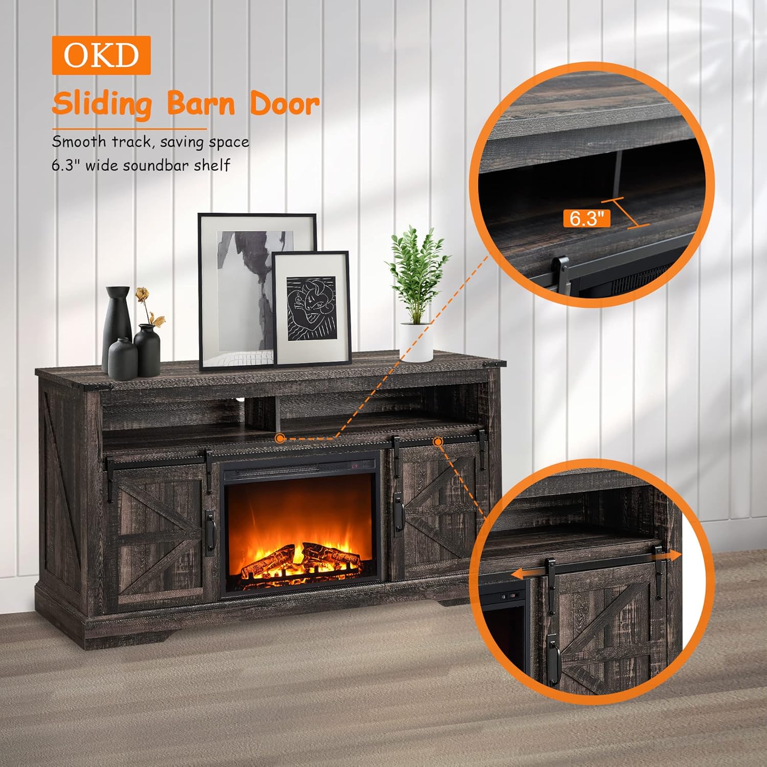 Buy OKD Farmhouse TV Stand with 23'' Electric Fireplace for 65 Inch TV