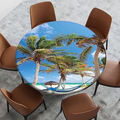 Miniatura 8 de Mantel redondo ajustable con patrón de playa, borde elástico, impermeable, lavable, para uso en interiores y exteriores, color azul cobalto, para