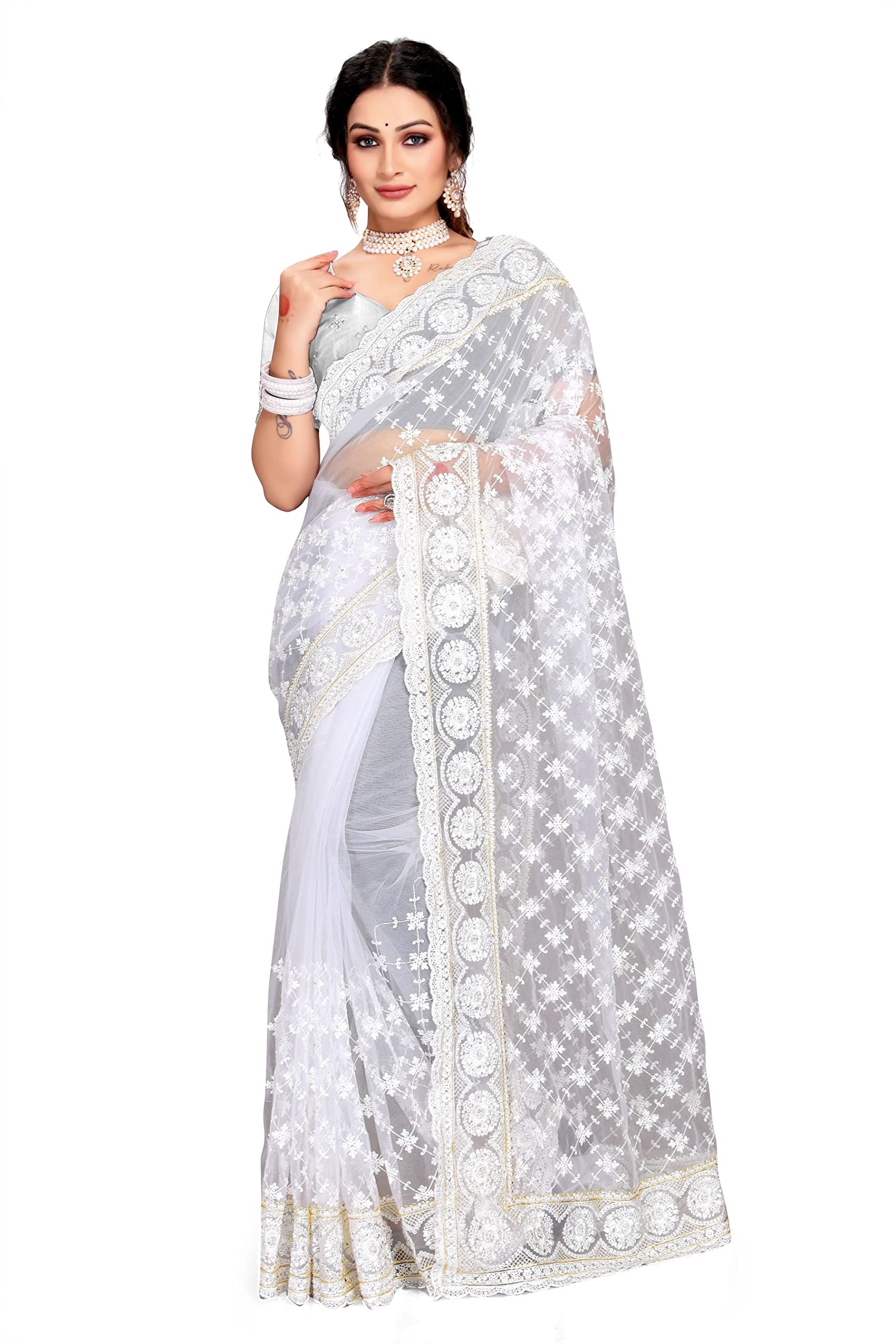 CRAFTSTRIBENet Saree Wedding Wear Red Sari with Unstitched Blouse Piece