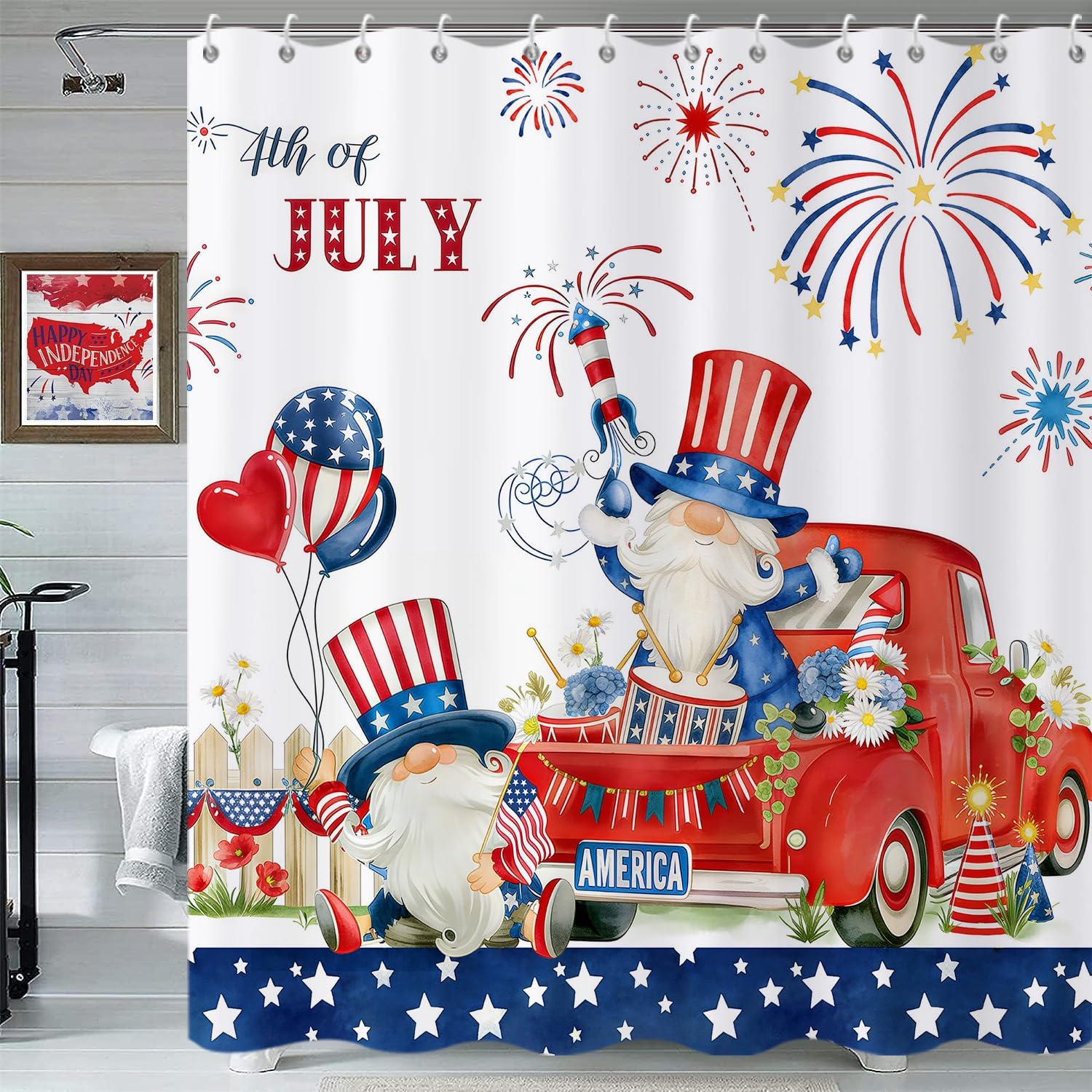 4th of July Gnomes Shower Curtain, American Patriotic Independence Day Red Blue Stars Modern Bathroom Curtain Waterproof Fabric Machine Washable with Hooks, 72" Wx72 L