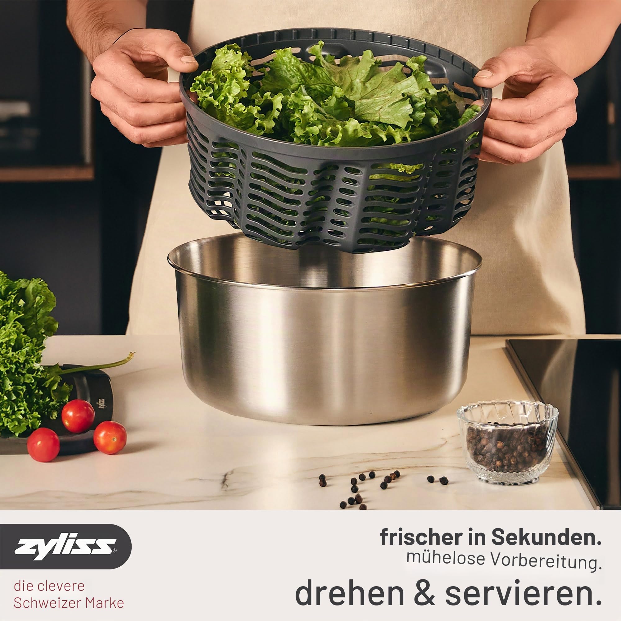 Zyliss Easy Spin Salatschleuder Edelstahl Groß, 6L, Mit Seilzug, Salatschüssel mit Deckel, BPA-frei, Rutschfester Boden, AquaVent™-Technologie, Stopptaste, Spülmaschinengeeignet