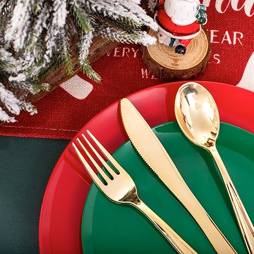 Miniatura 7 de KIRE 60 platos de plástico, platos desechables de primera calidad para cena y postre de Navidad, diseño moderno, verde y rojo, 30 de cada uno, para