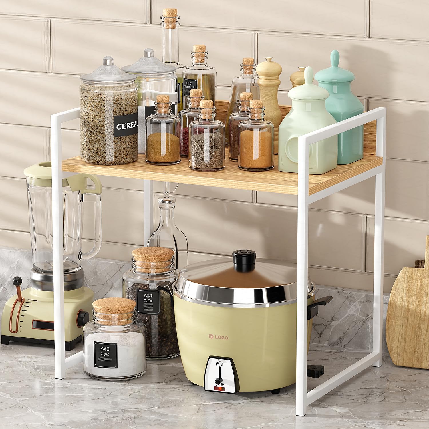 Lukzer 1 Layer Multipurpose Storage Rack - Heavy Duty Metal & Wood Kitchen Organizer | Space Saving Microwave Oven Stand for Modular Kitchen, Living Room, Bedroom & Office (MKR-001/White & Oak Light)