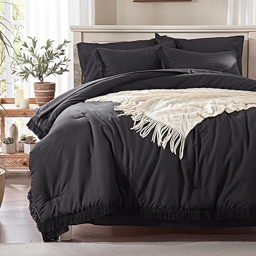 Miniatura 8 de Anluoer Juego de edredón tamaño Queen, ropa de cama bohemia con borlas de color verde oliva, 7 piezas con sábanas, juegos de ropa de cama ligeros y