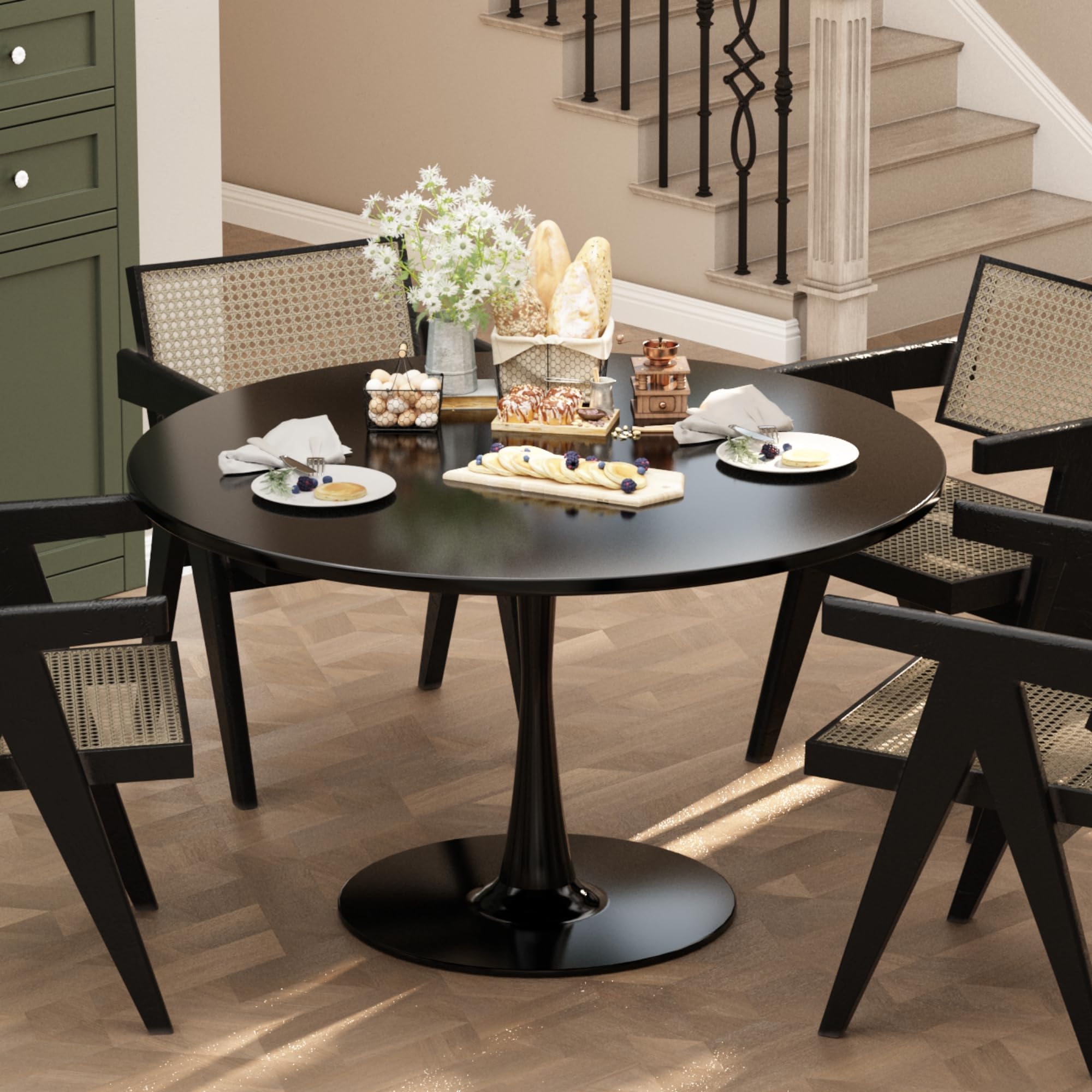 42 Inch Round Dining Table, Black Tulip Dining Table Tulip Table W/0.71" Thickness & Metal Pedestal Base for 4 to 6 People, Modern Round Kitchen Table Leisure Table Circle Coffee Table
