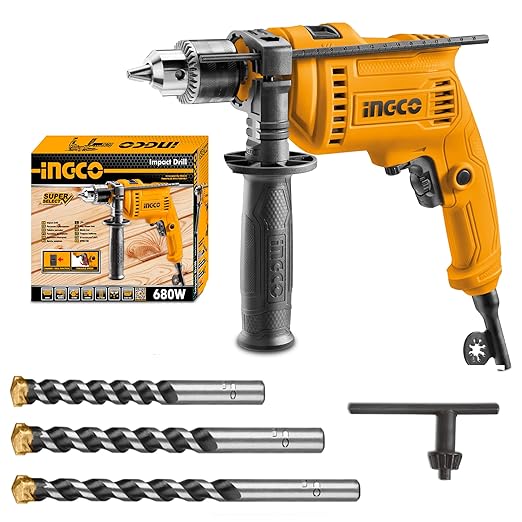 INGCO Impact Drill Set, 680W 03000rpm 13mm Power Hammer Drills, Variable Speed Corded Drill