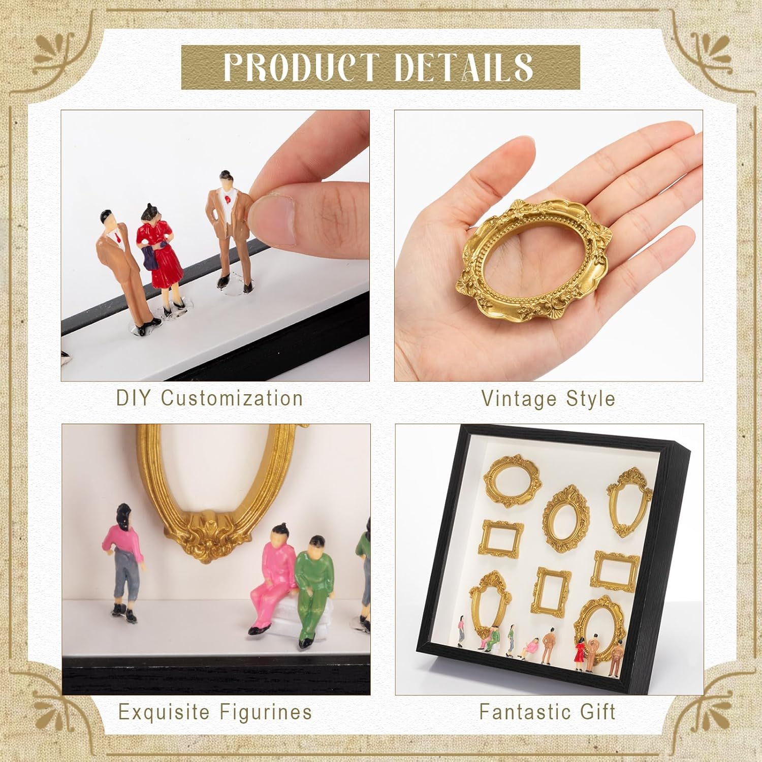 Lineshading DIY Mini Silhouette Shadow Box Frame Kit with 8 Gold Mini Frames and 9 Figurines Personalized Memory Collage Frame for Anniversary Wedding Birthday Home Decor(Black)