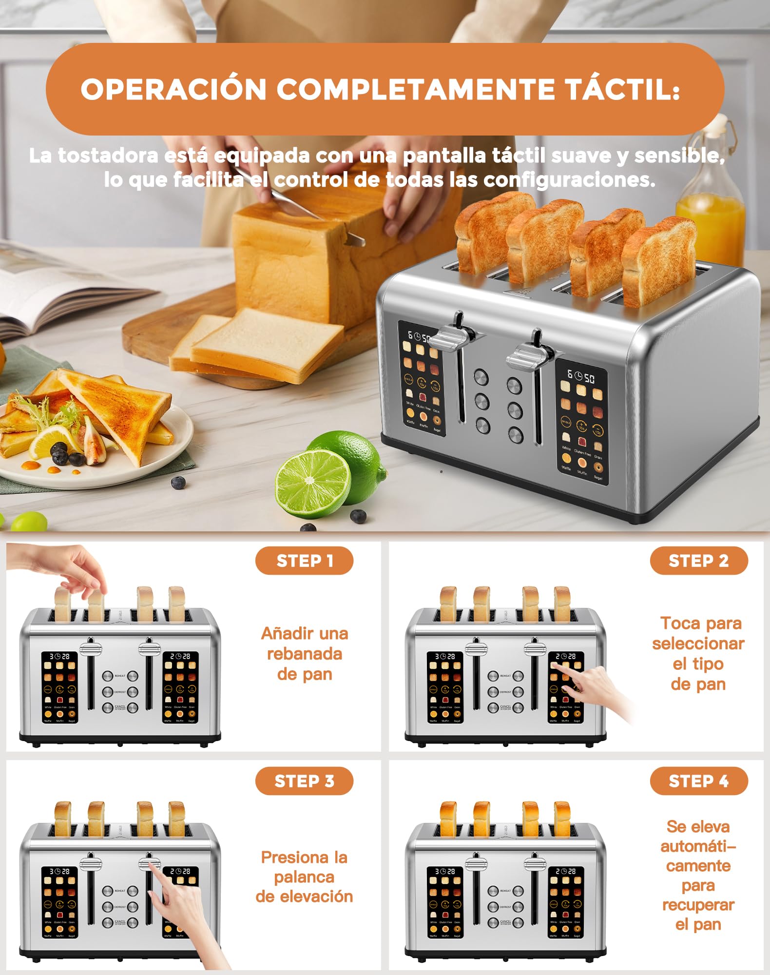 Tostadora Digital, Tostadora Pan Ranura Ancha, Pantalla Táctil, 6 Niveles de Tostado, 6 Programas de Pan, Función Descongelar y Recalentar, 4 Ranuras Anchas, Acero Inoxidable