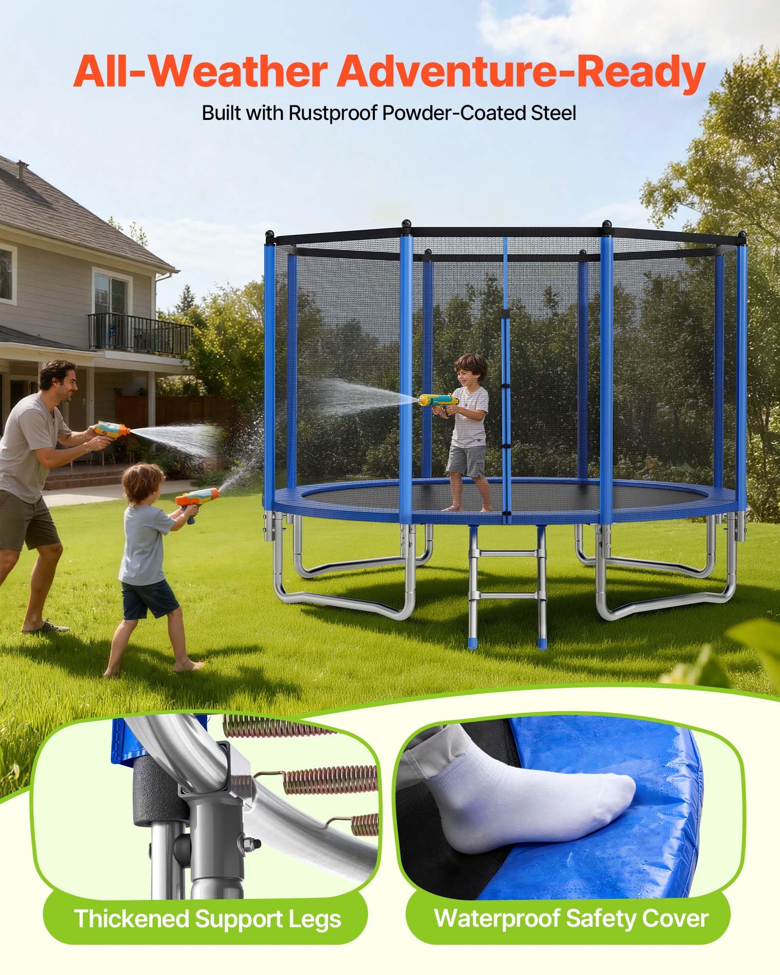 VEVOR Trampolín de Exterior 366 x 256 cm, Cama Elástica Infantil con Red de Protección, Capacidad Máxima de 181 kg, Trampolín al Aire Libre con Postes Rectos, Regalo de Cumpleaños para Niños