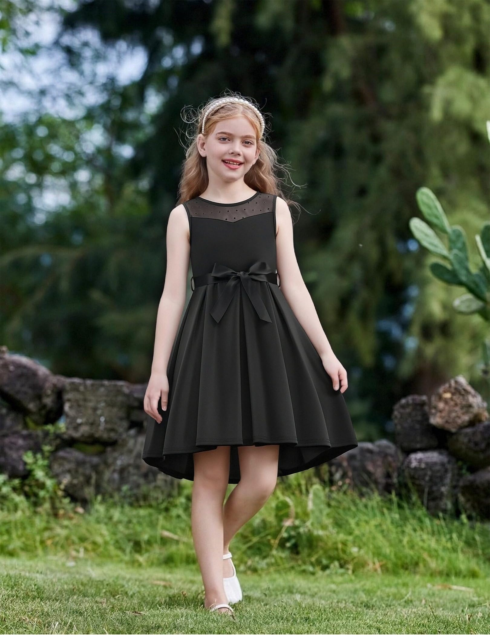 Arshiner Filles Robes sans Manches Costume de Mariée Maille Robe Enfants Bal Eté Robes Élégante Fête Robe avec Ceinture pour Fille 5-15 Ans