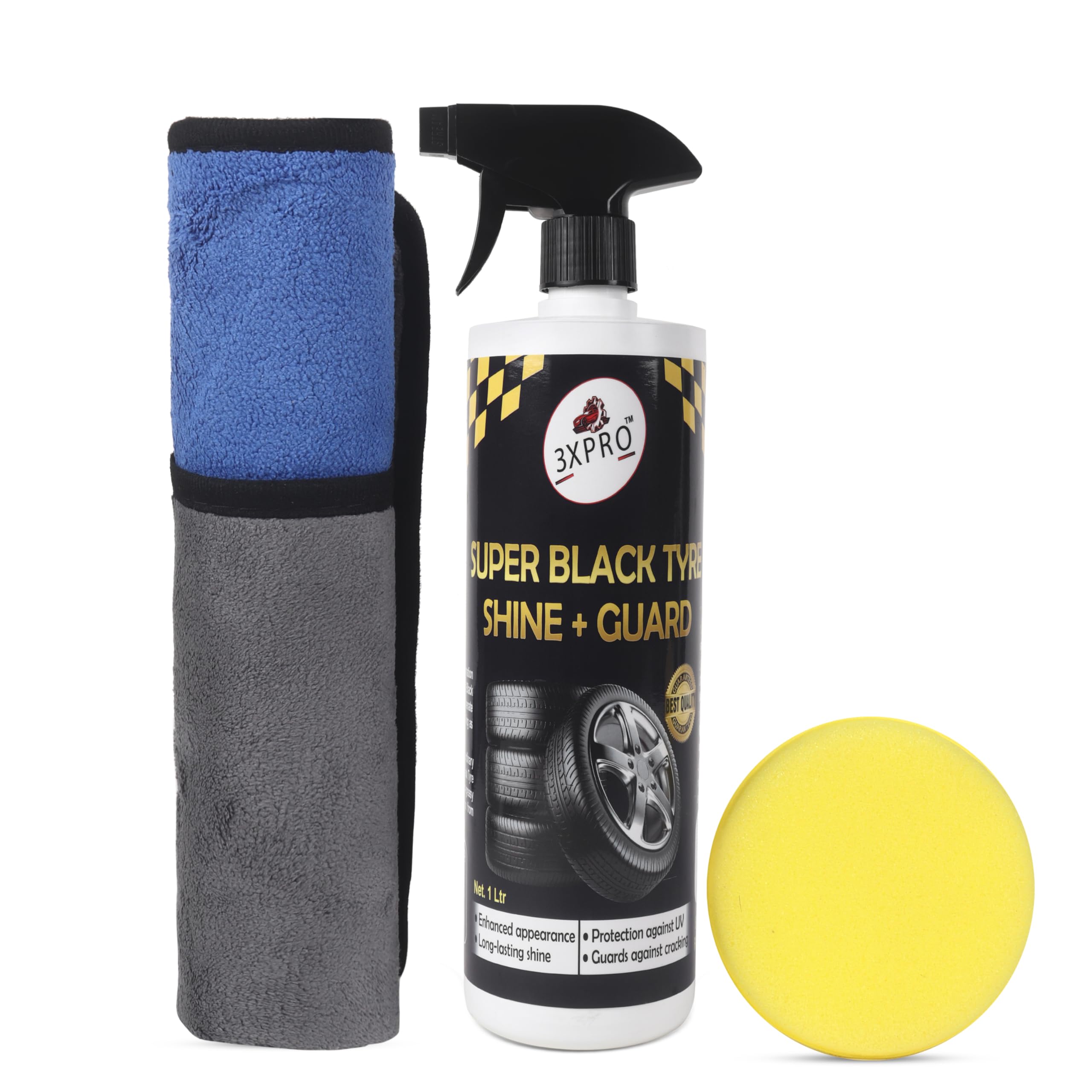 3XPRO UltraShield Car & Bike Tyre Polish with Microfiber sponge- Deep Black Shine All-Weather Formula - Water-Repellent Anti-Crack, Easy to Apply Non-Greasy Tyre Polish For Car & bike (1000 ML)-image-4