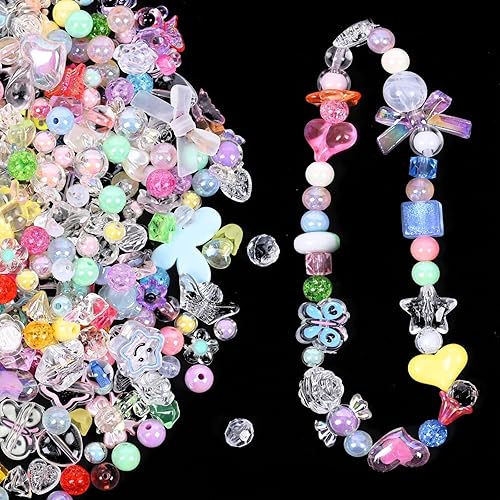 Jmzothie 160 cuentas acrílicas surtidas, cuentas de caramelo de corazón de flor de mariposa, cuentas de color lindas cuentas redondas a granel para