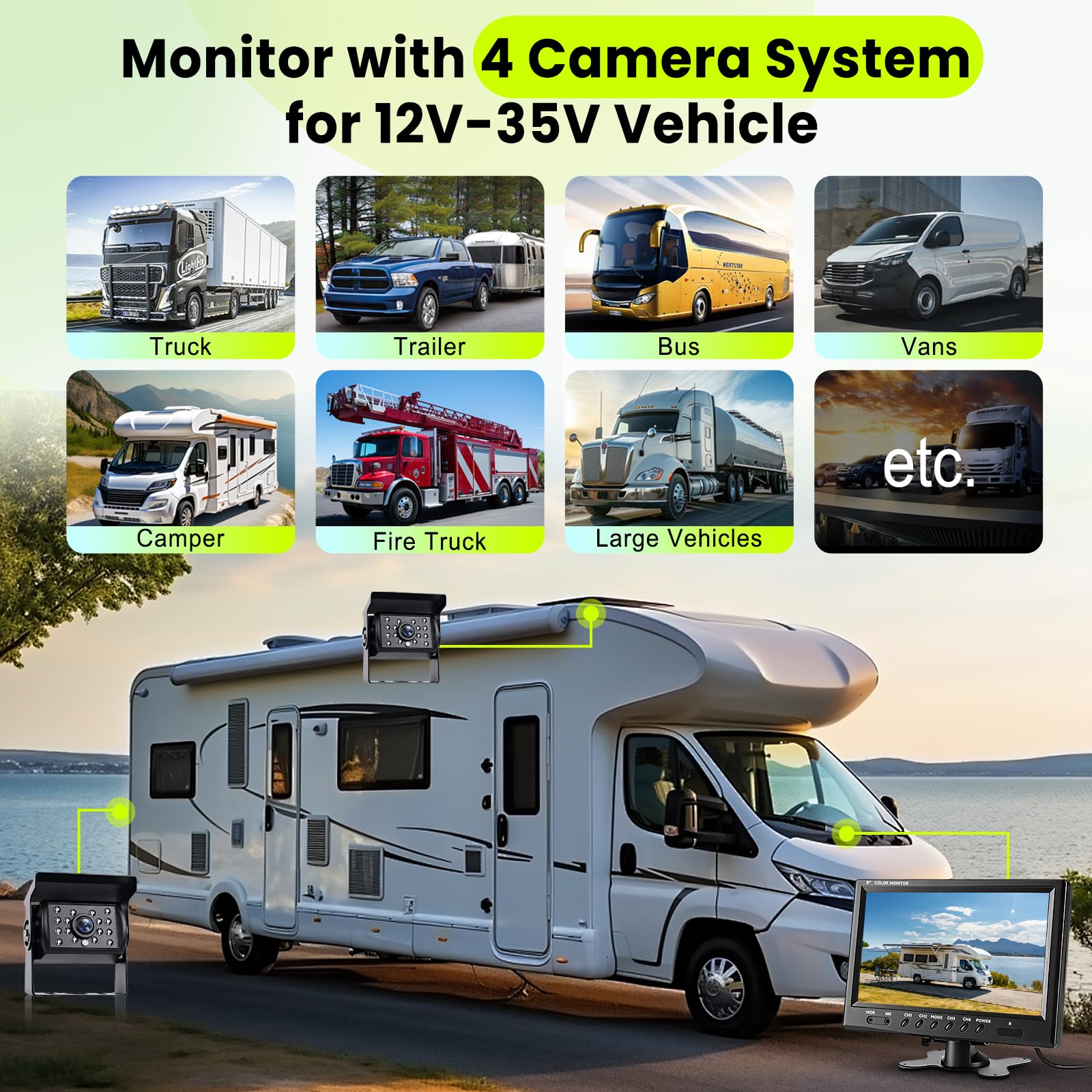 Podofo Kit Auto Telecamera Posteriore, 4 Telecamere + 9" Monitor a 4 Schermi Schermo LCD, Telecamere Anteriori e Retromarcia, Cavo Aeronautico a 4 Pin, Visione Notturna IR Impermeabile 12V-24V