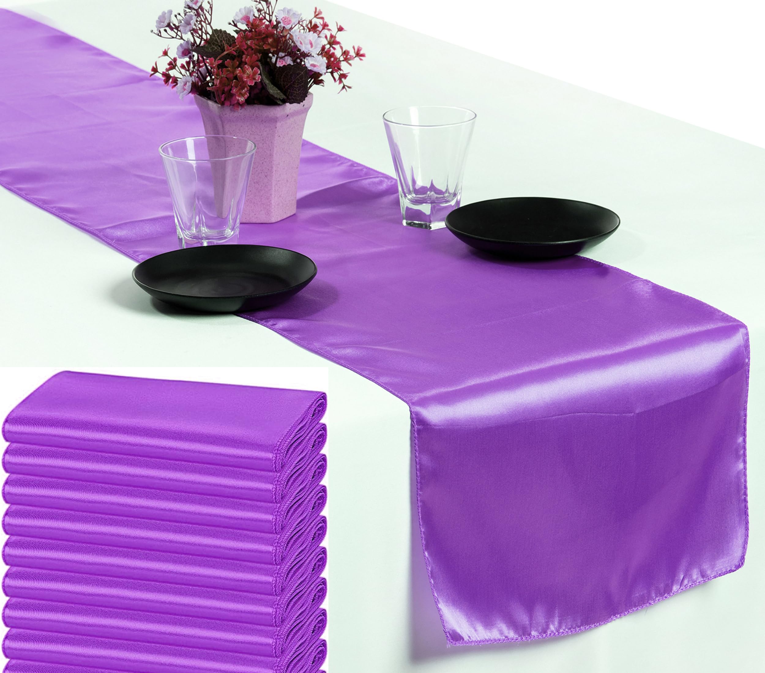 VDS Pack of 20 Satin Table Runners for Wedding & Party Décor 12” x 108”, Smooth Glossy Sateen Fabric Runner, Dining Table Decoration for Reception Banquet & Events Hotel Restaurant - Lavender — image 1