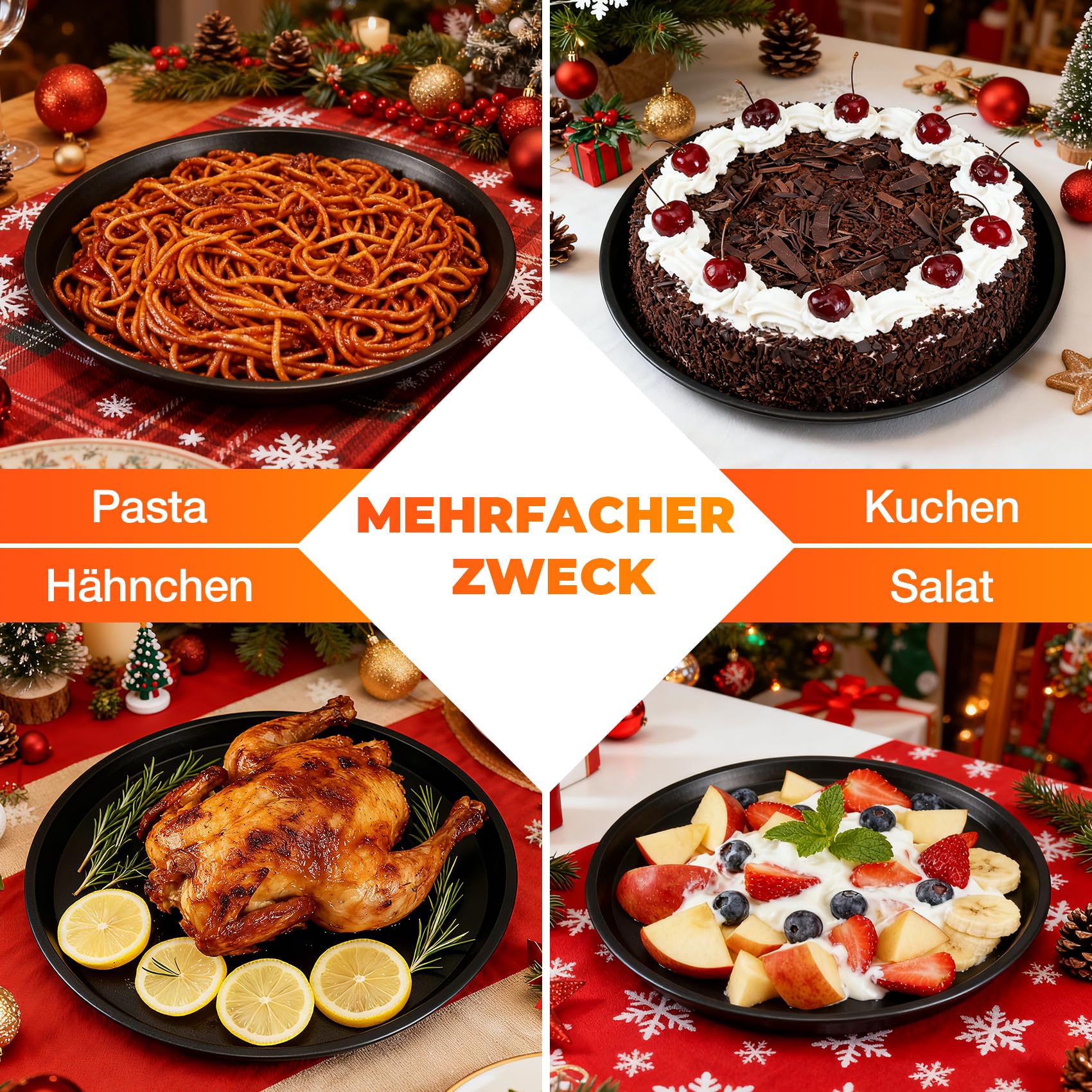 Nagoyuki Pizzablech 4er Set, ø 32 cm Pizzabäcker-Set mit 4 Backblechen und Ständer rundes Pizzabackblech mit Antihaftbeschichtung als Pizza-Backblech und Flammkuchen Blech