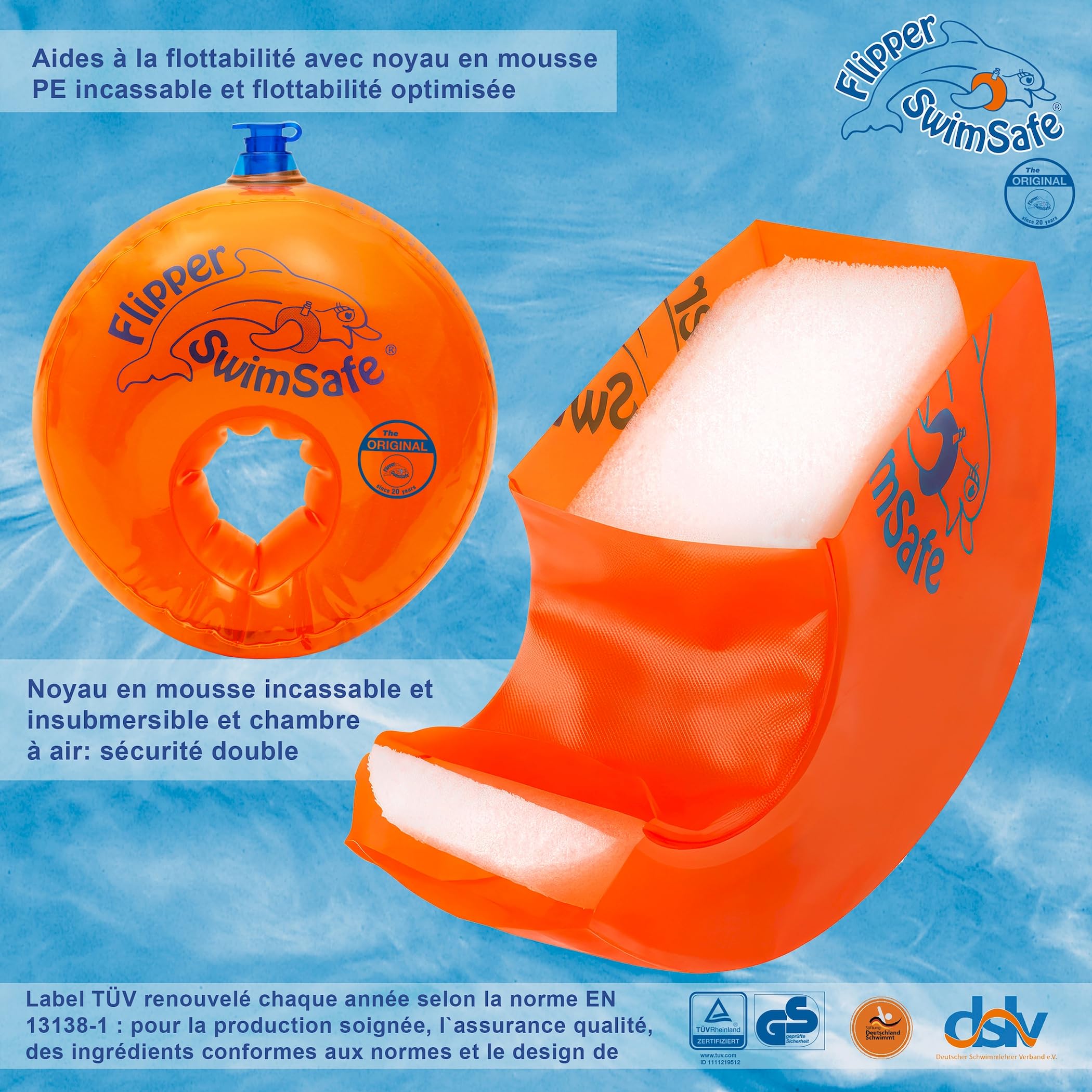 Flipper SwimSafe Aide à la Natation pour Les Tout-Petits, brassards avec Noyau en Mousse PE incassable pour Apprendre à Nager, vainqueur du Test Stiftung Warentest 05/2024